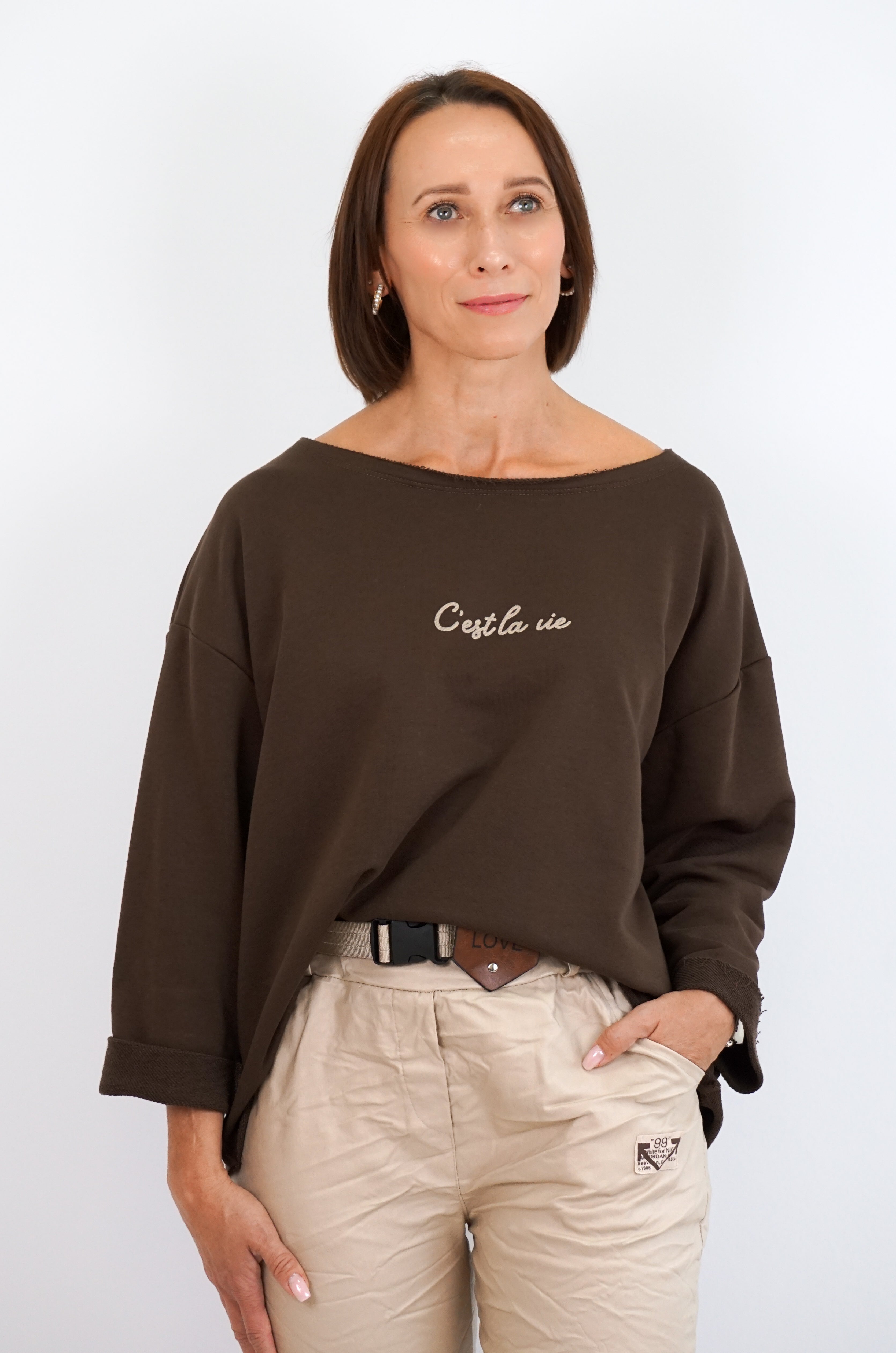 Sweatshirt „c’est la vie“, schokobraun