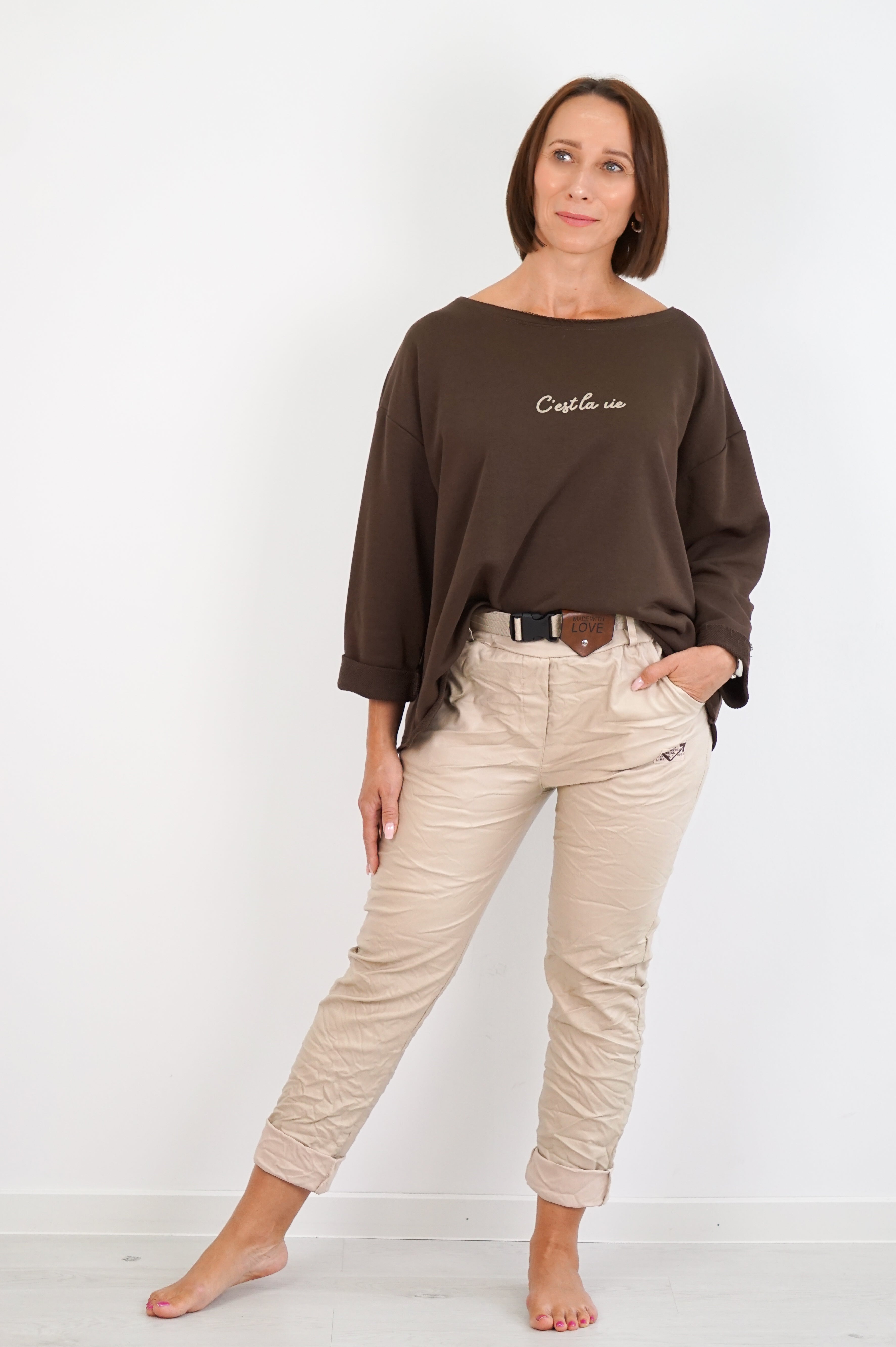 Sweatshirt „c’est la vie“, schokobraun