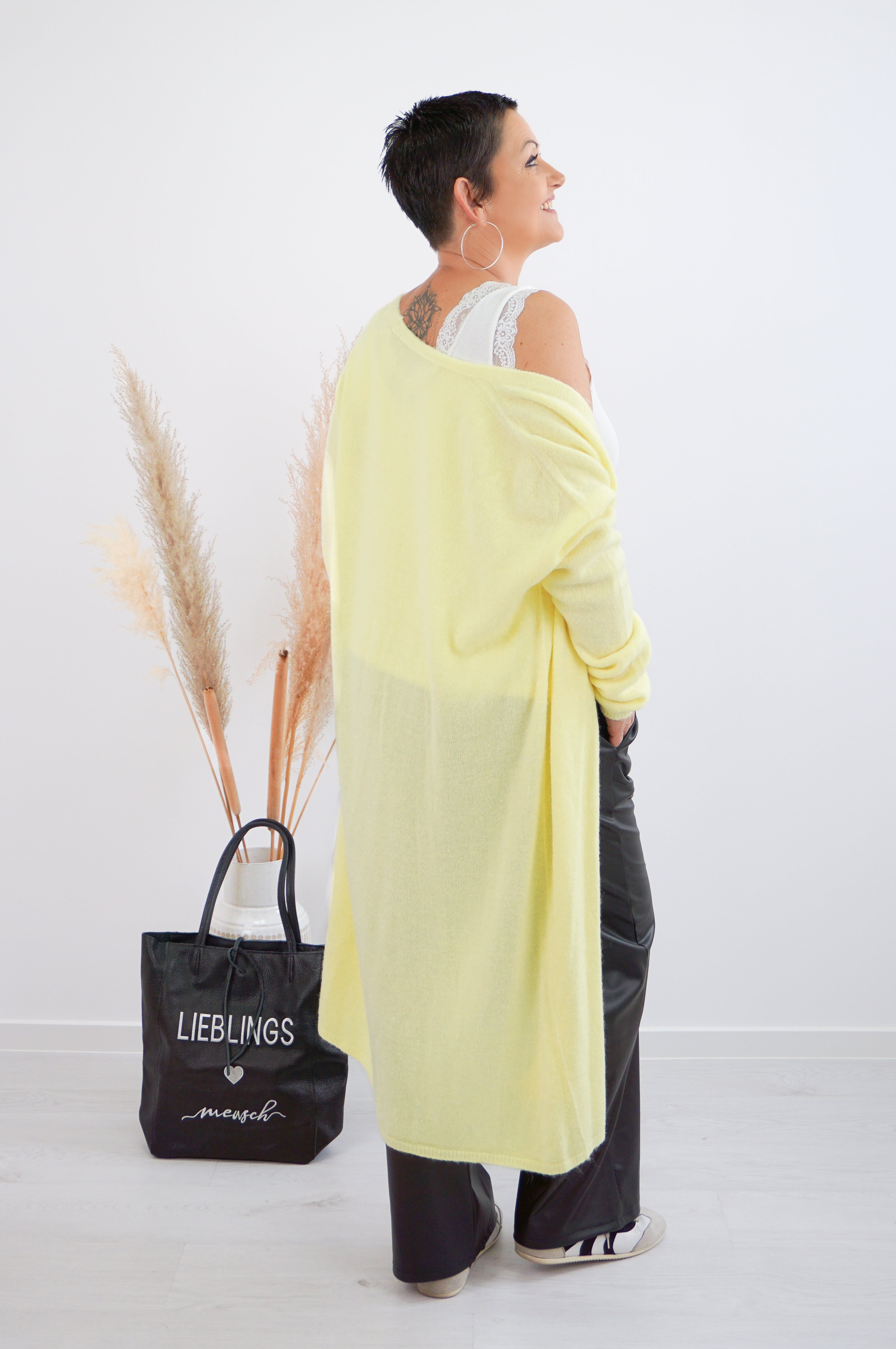 Lange Basic Strickjacke, pastellgelb
