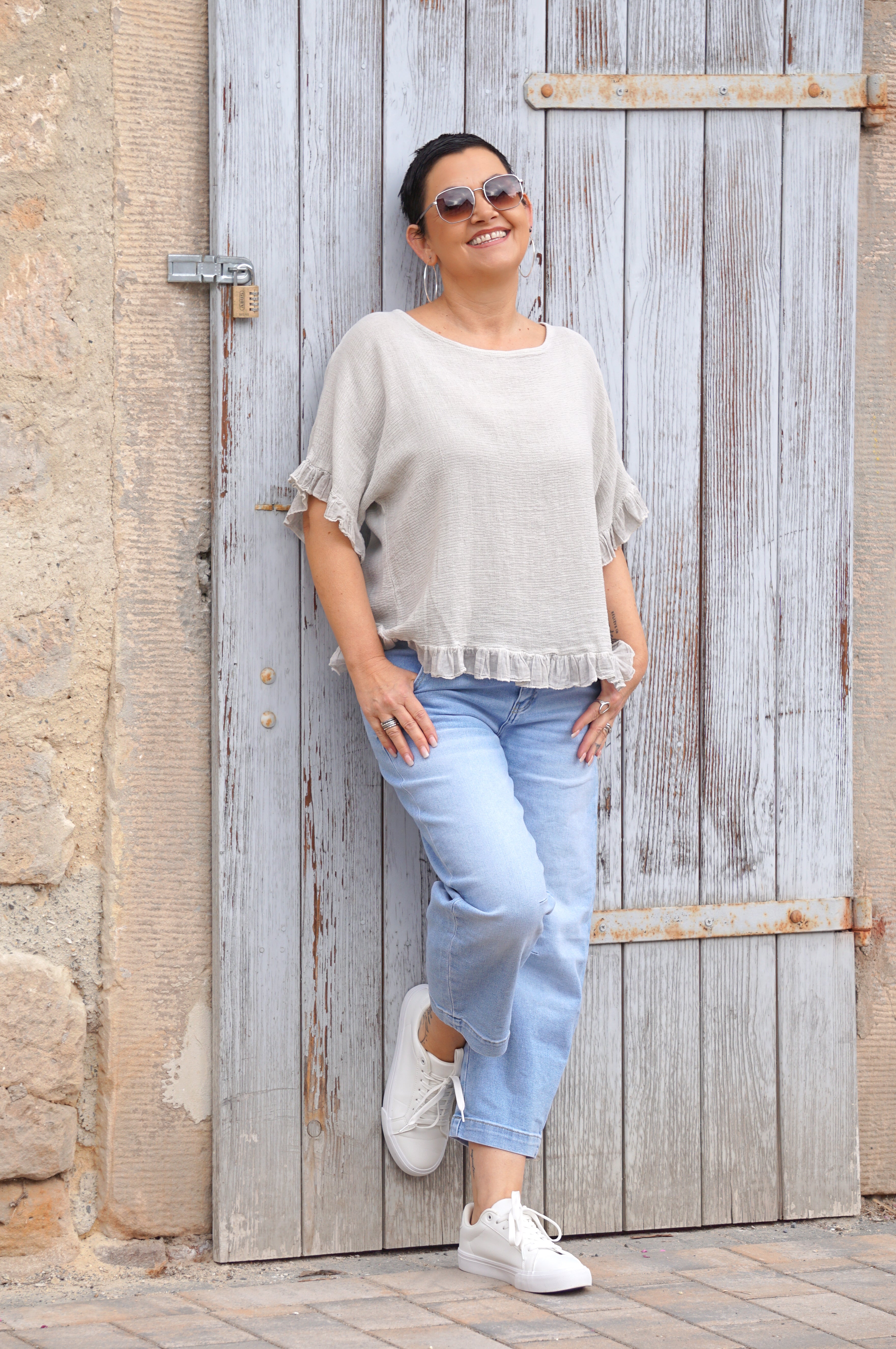 T-Shirt mit Rüschen, beige/taupe