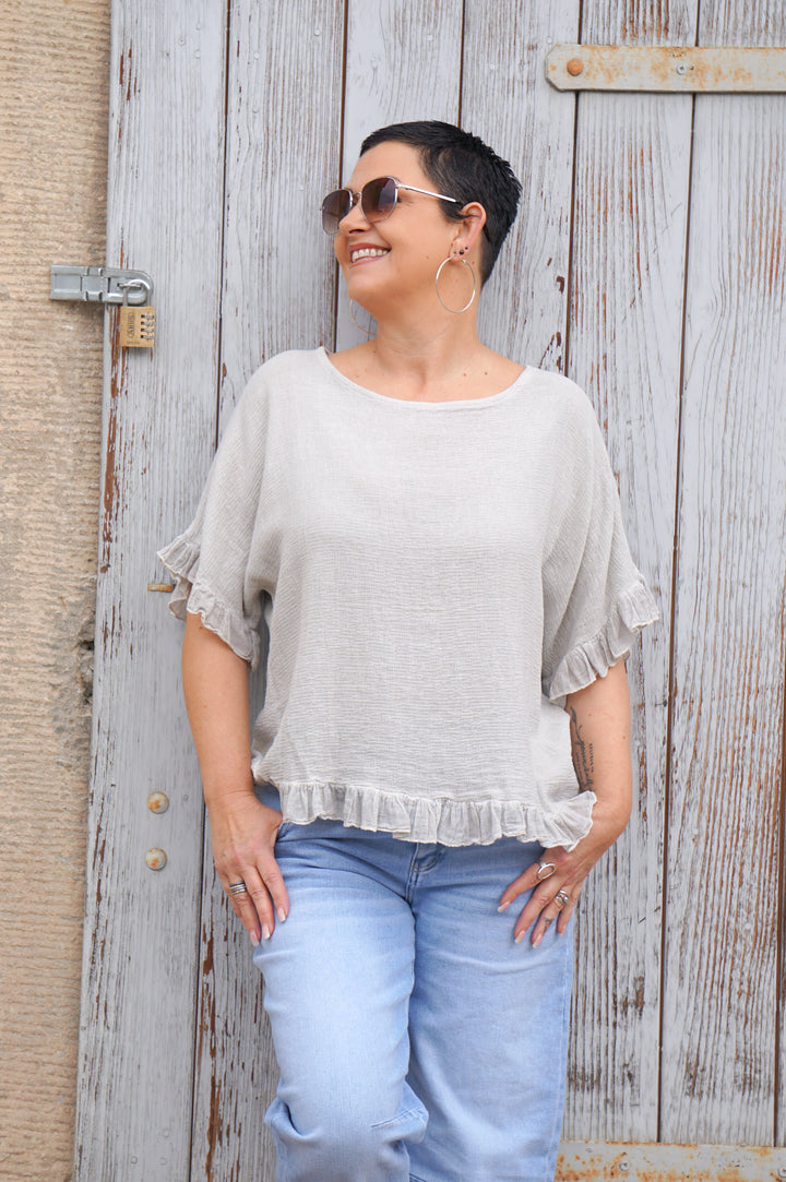 T-Shirt mit Rüschen, beige/taupe