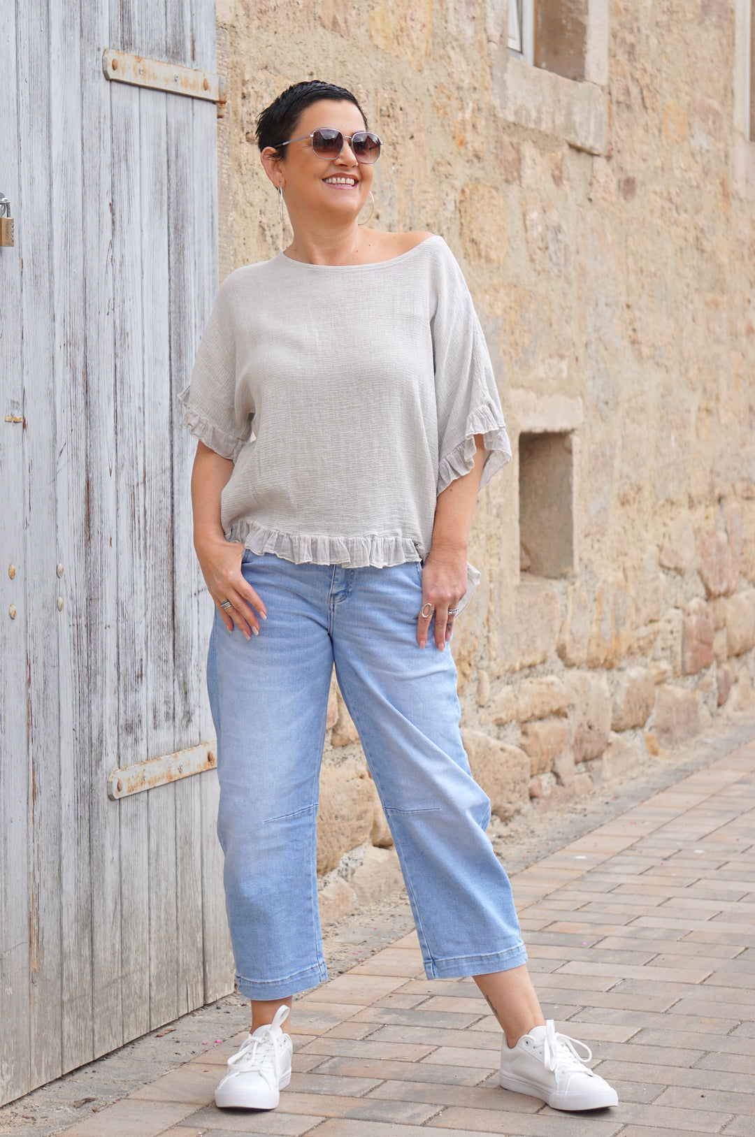 T-Shirt mit Rüschen, beige/taupe