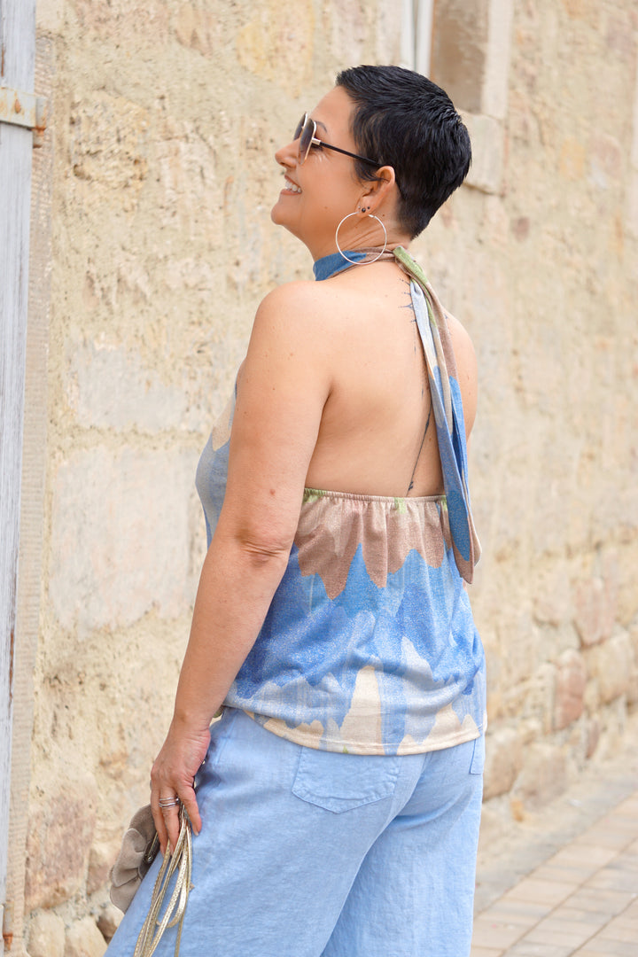 Neckholder-Top mit buntem Print &amp; goldenem Schimmer, blau
