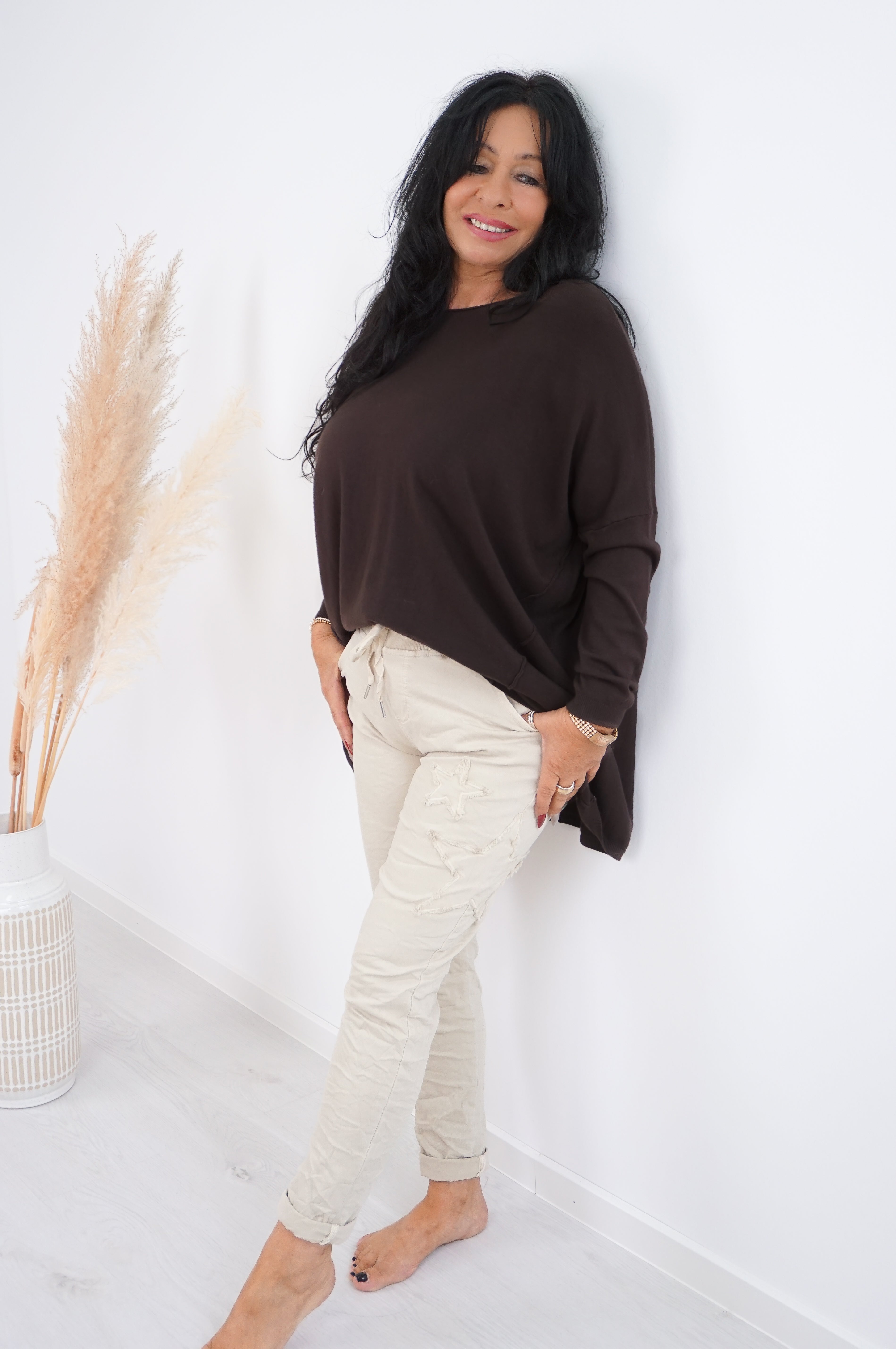 Weiter Feinstrickpulli, schokobraun