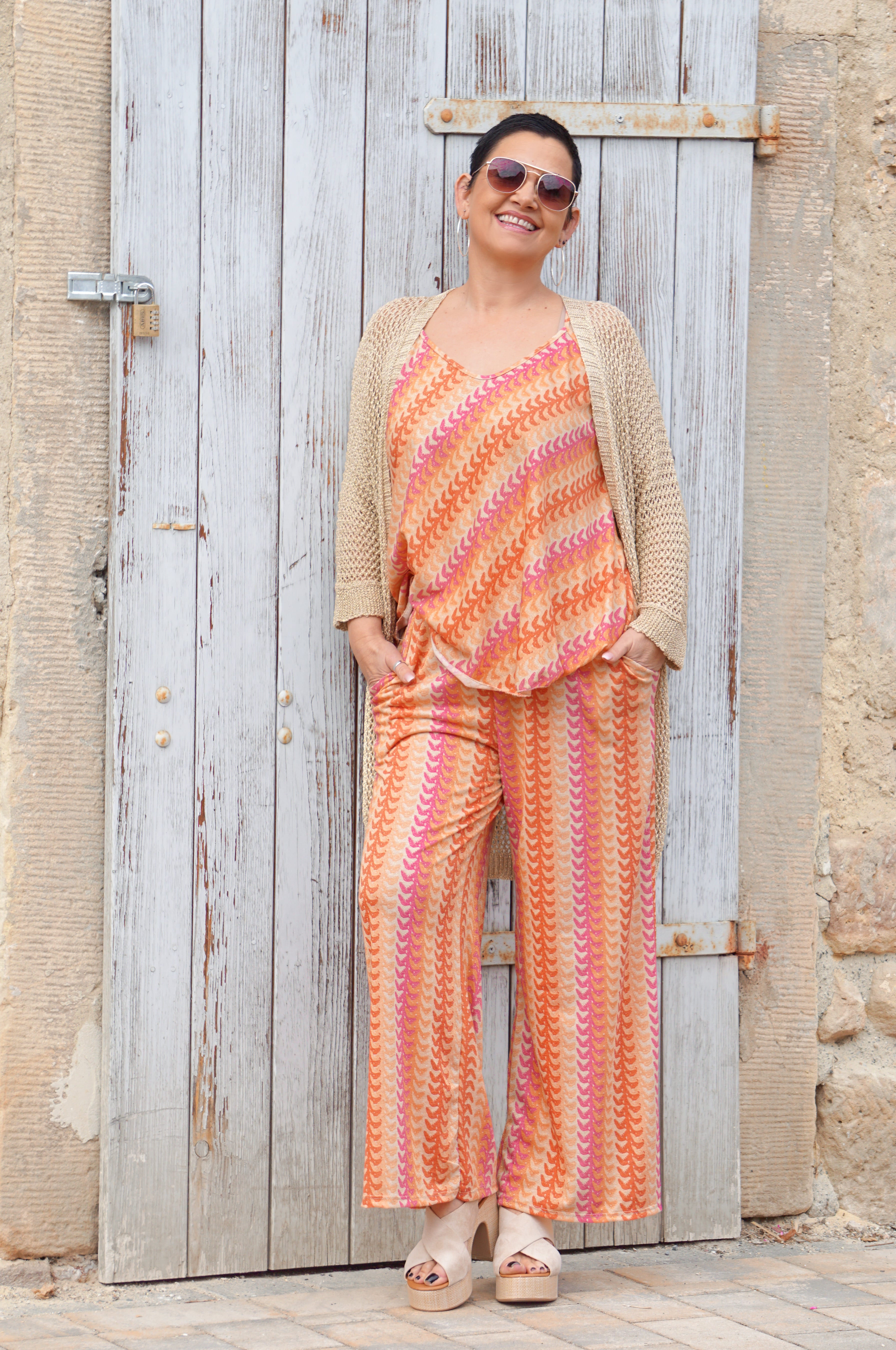 Top mit buntem Muster & goldenem Schimmer, orange/pink