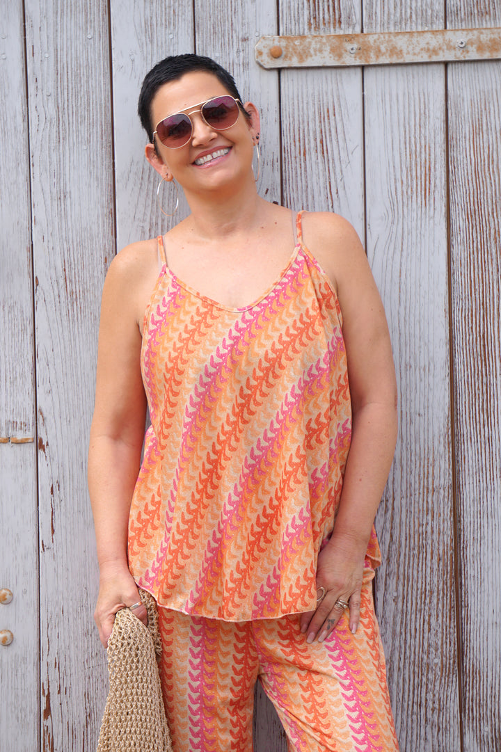 Top mit buntem Muster &amp; goldenem Schimmer, orange/pink