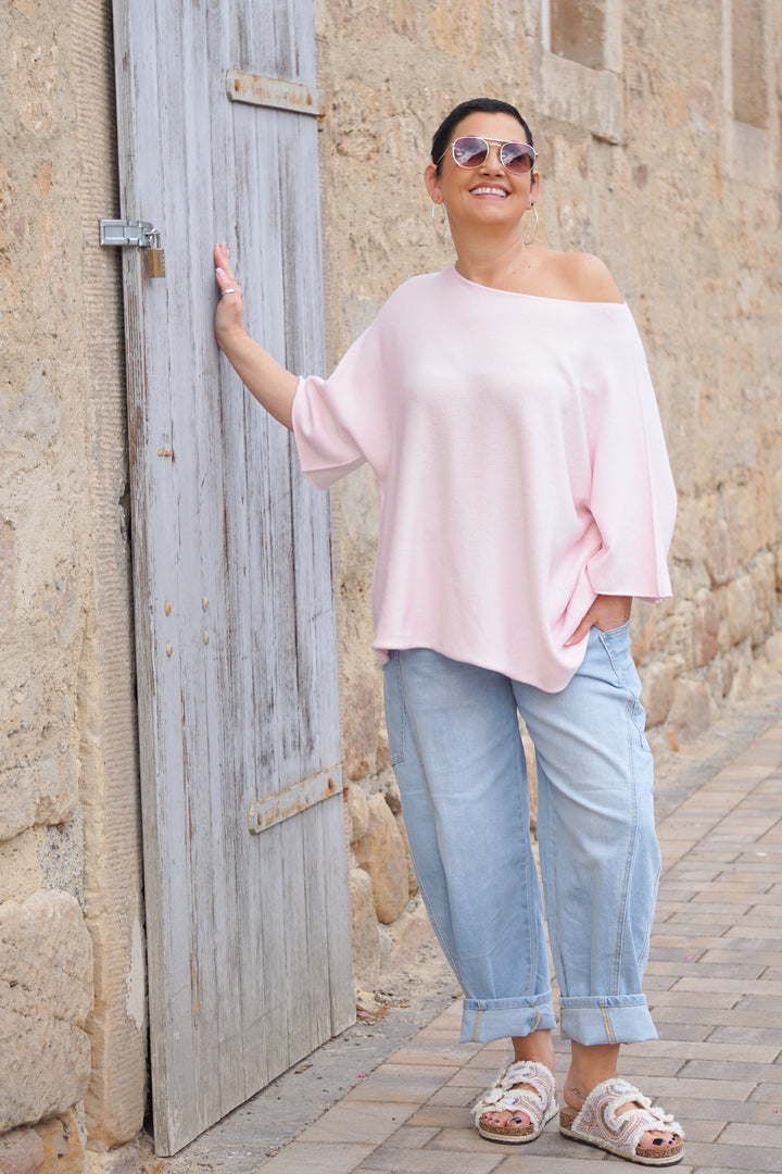 Basic kurzarm Feinstrickpulli (curvy), rosa