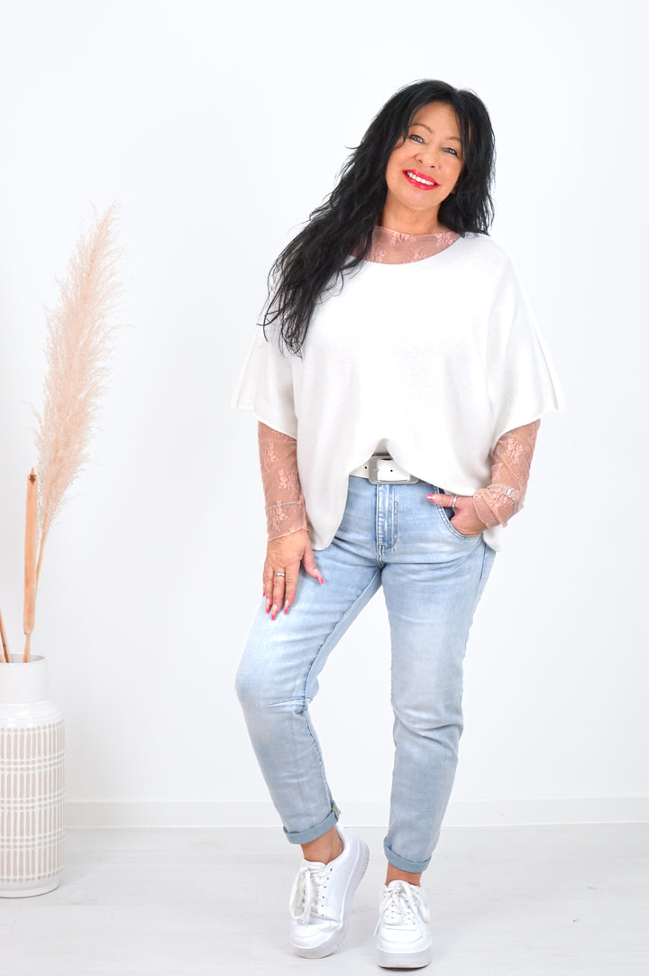 Zweite Wahl - Basic kurzarm Feinstrickpulli, Off white - Kein Umtausch