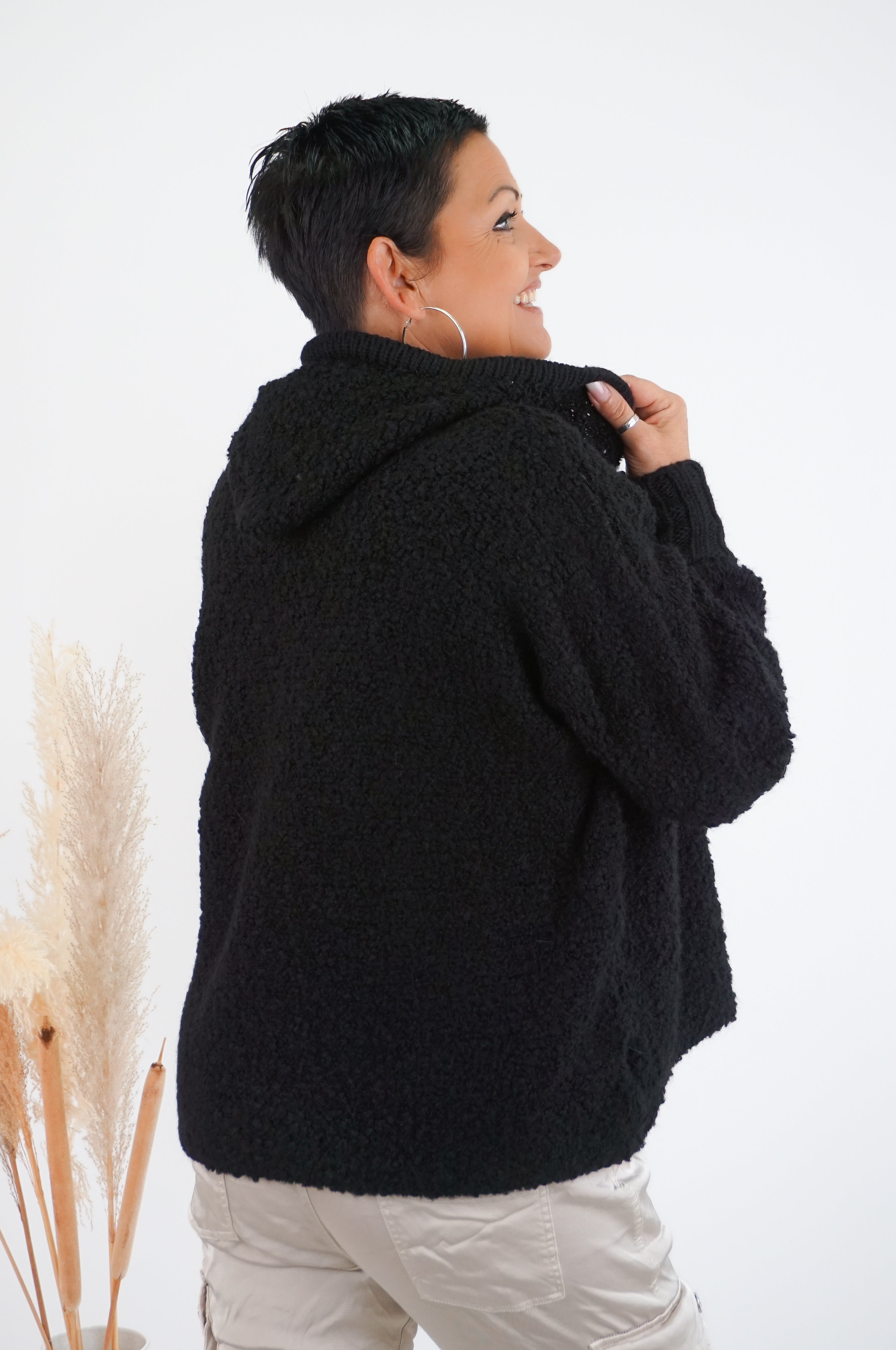 Boucle Strickhoodie, schwarz