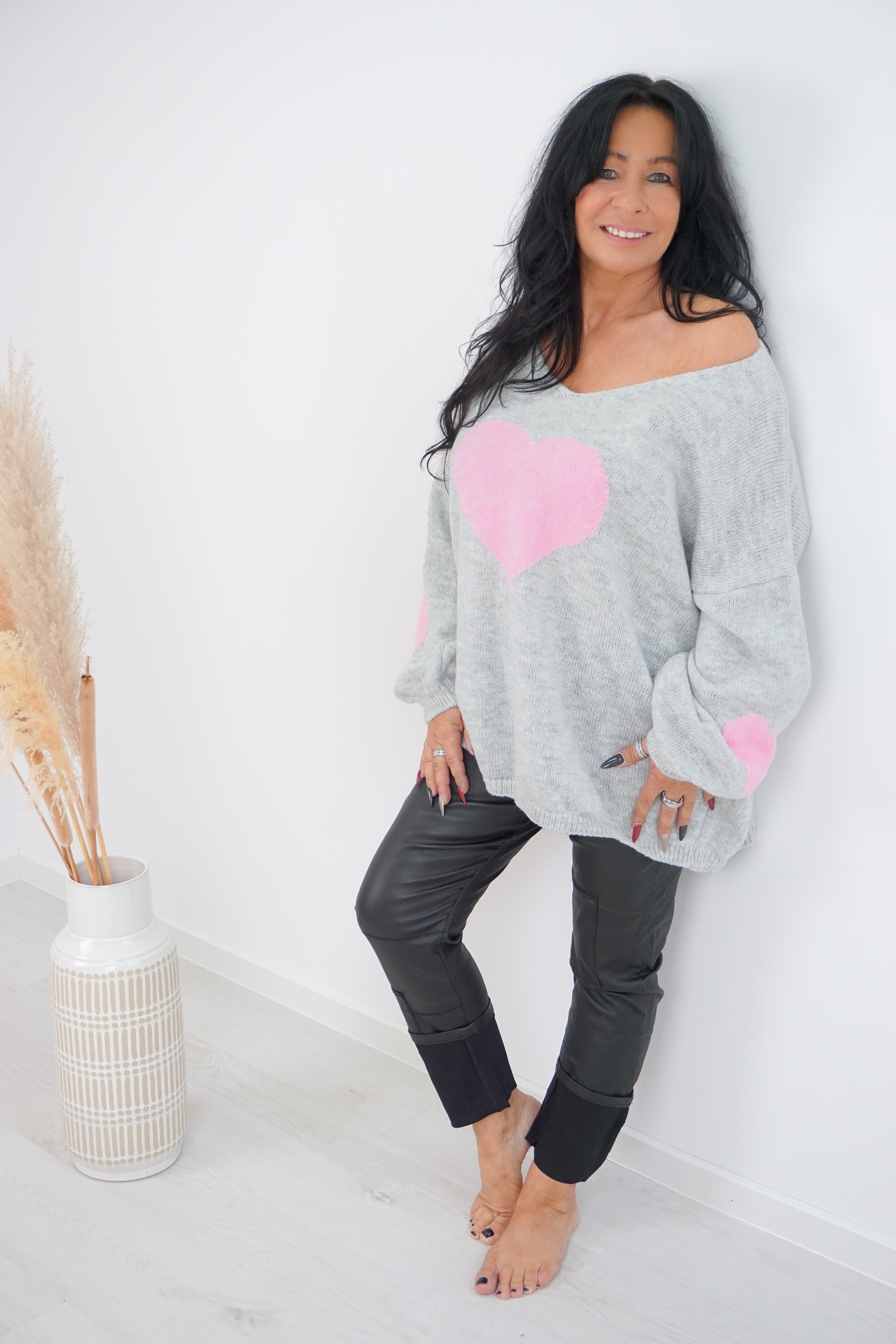 Strickpulli "lovely", grau/rosa