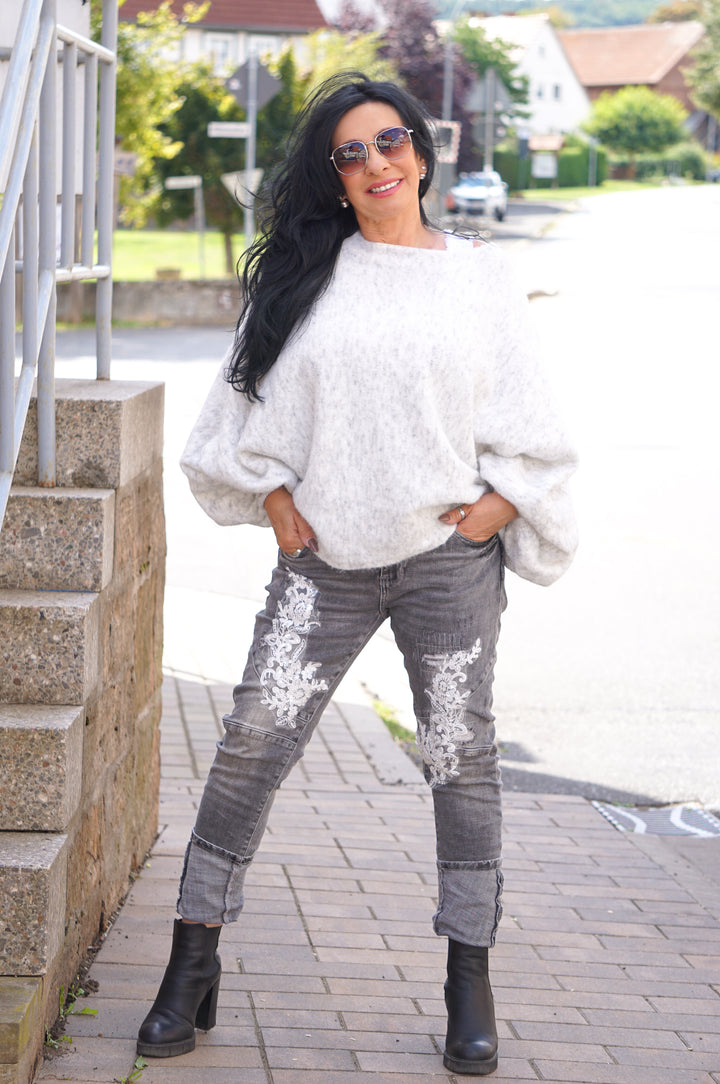 Weiter Kurzarm Strickpulli, grau meliert