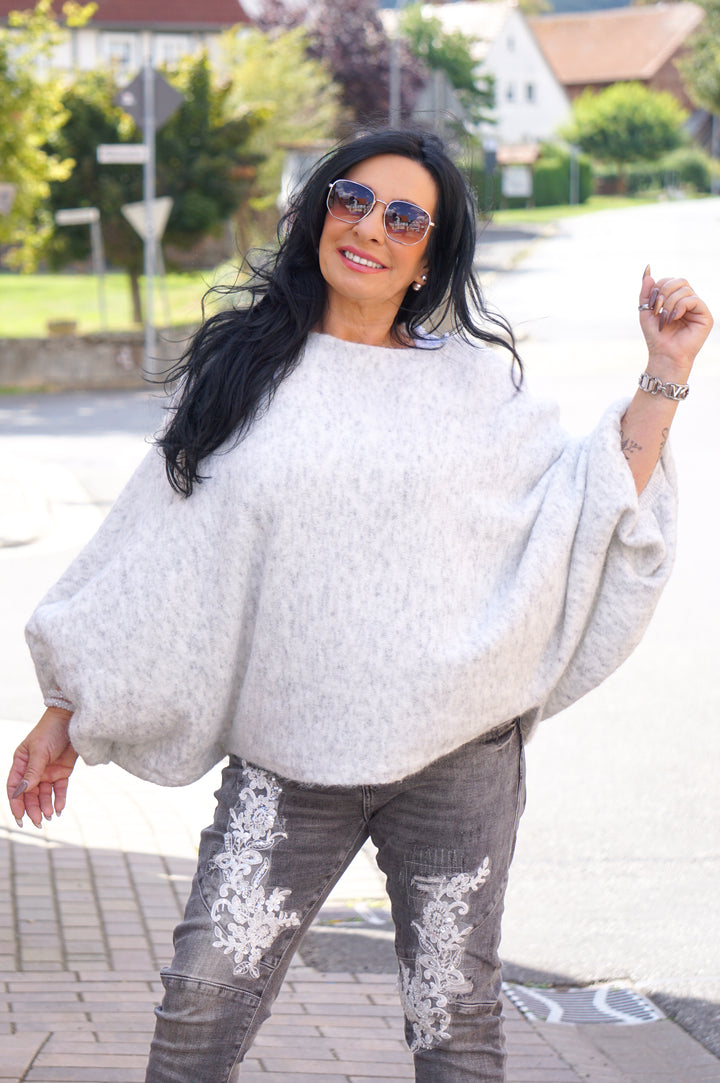 Weiter Kurzarm Strickpulli, grau meliert