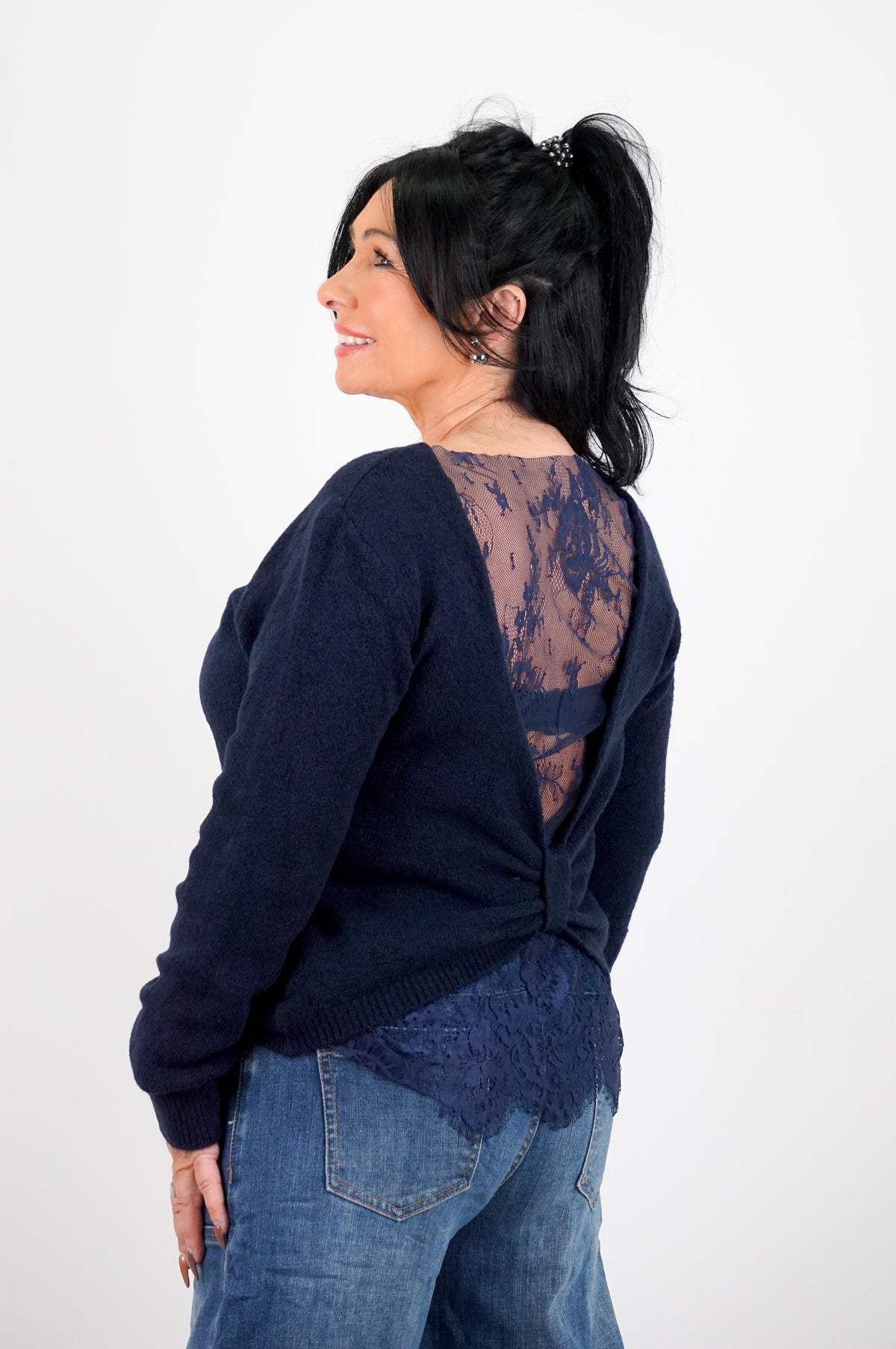 Strickpulli mit Spitzeneinsatz, dunkelblau