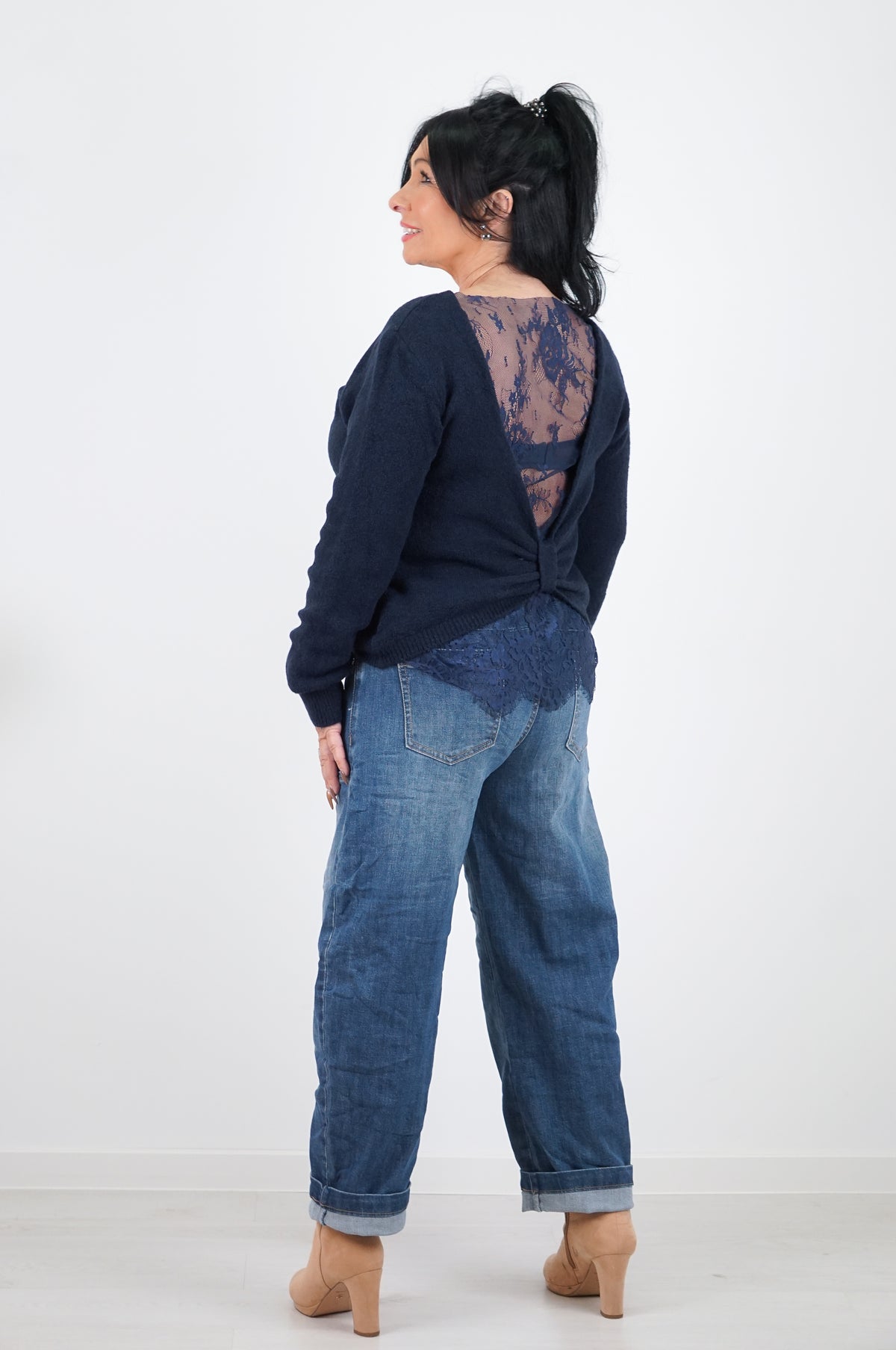 Strickpulli mit Spitzeneinsatz, dunkelblau