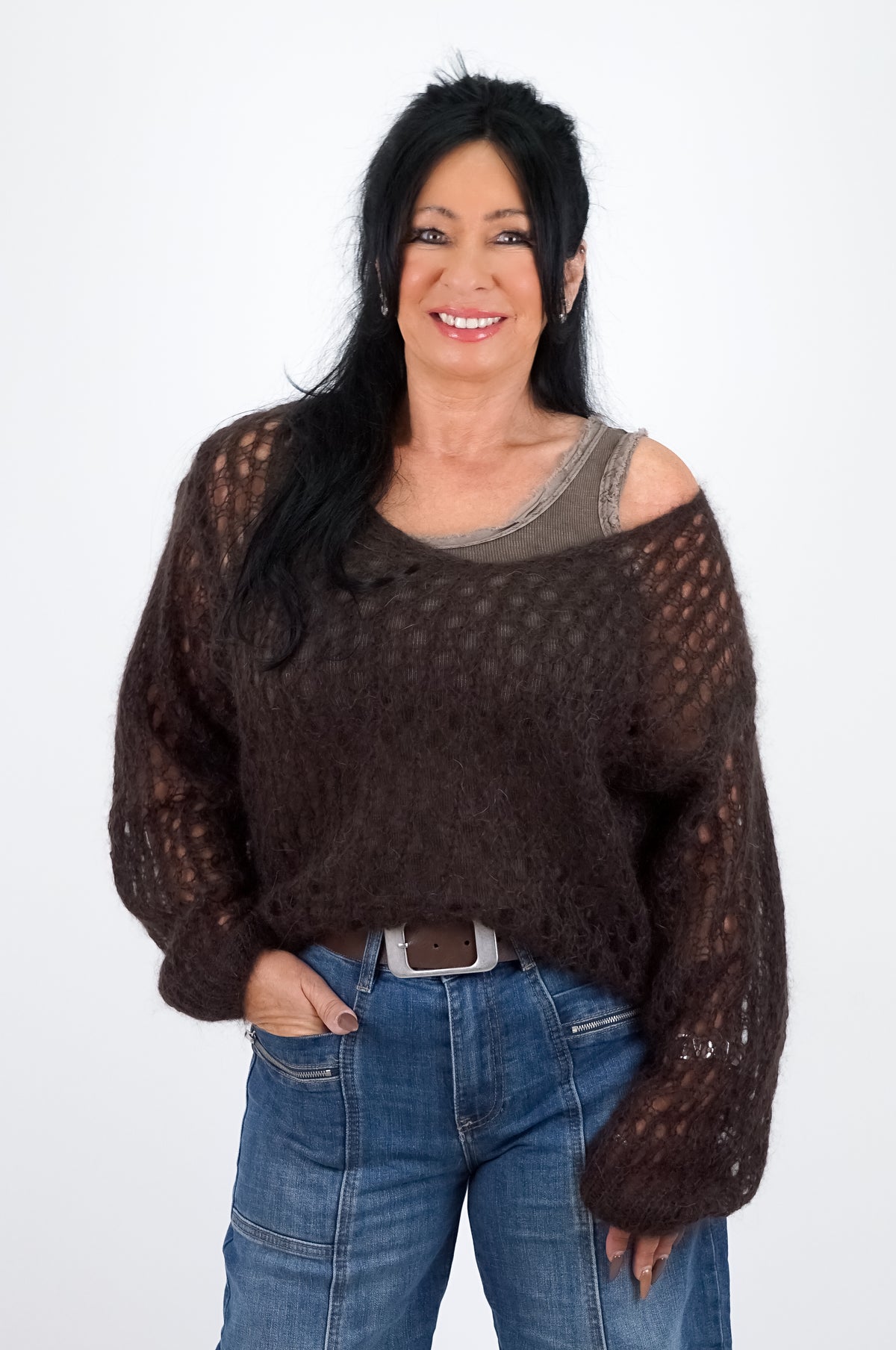Geripptes Basic Top, taupe