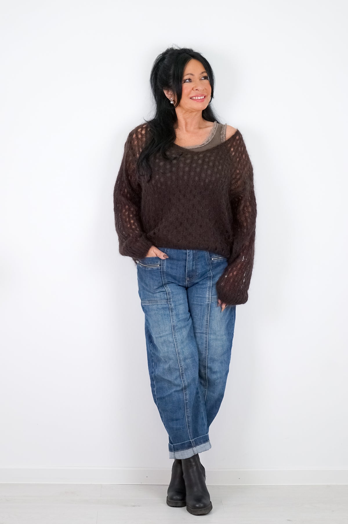 Leichter Lochstrickpulli, schokobraun