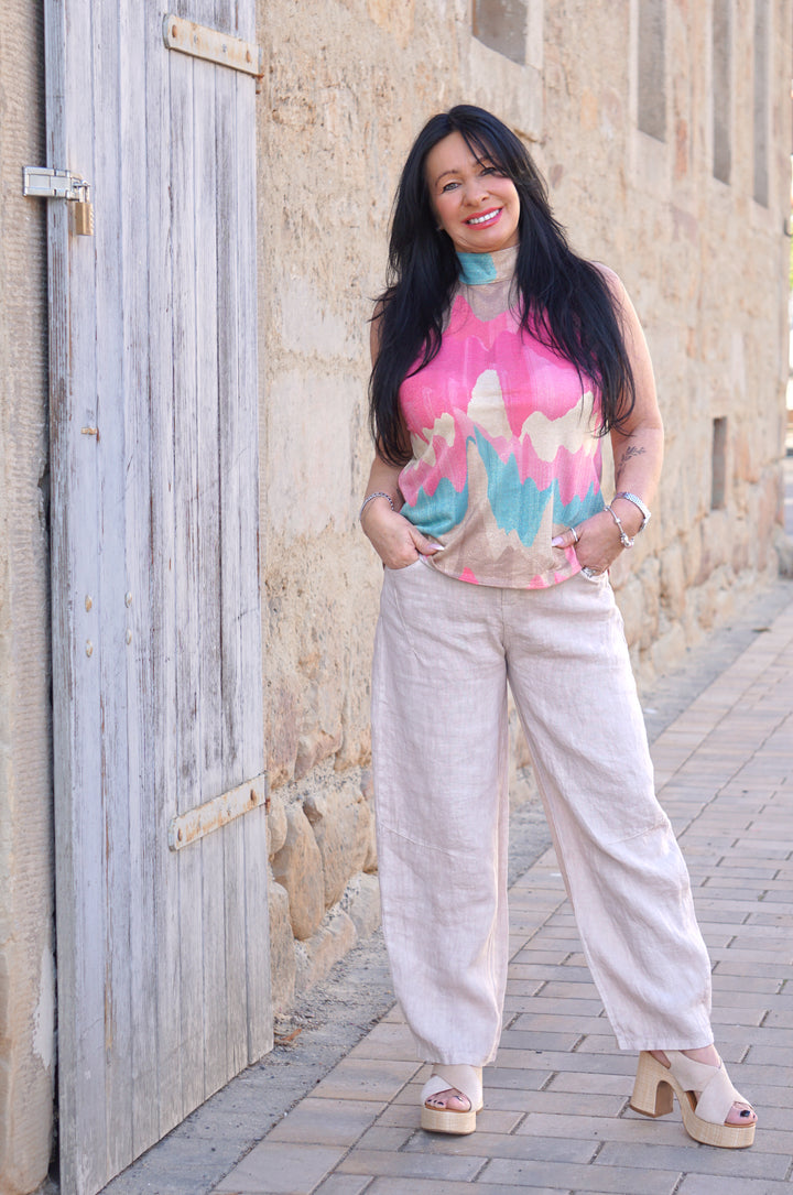 Neckholder-Top mit buntem Print &amp; goldenem Schimmer, pink