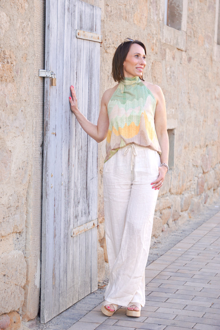 Neckholder-Top mit buntem Print &amp; goldenem Schimmer, mintgrün