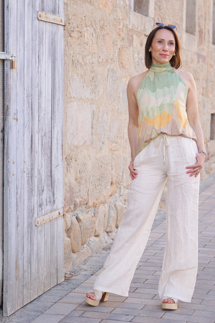 Neckholder-Top mit buntem Print &amp; goldenem Schimmer, mintgrün