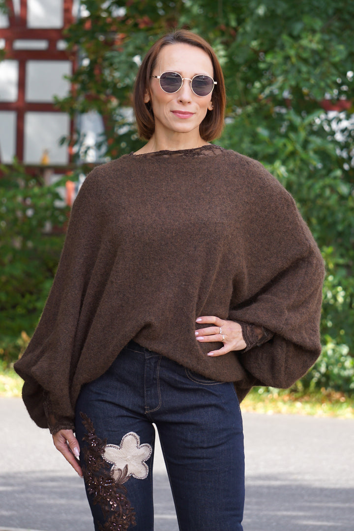 Weiter Kurzarm Strickpulli, schokobraun