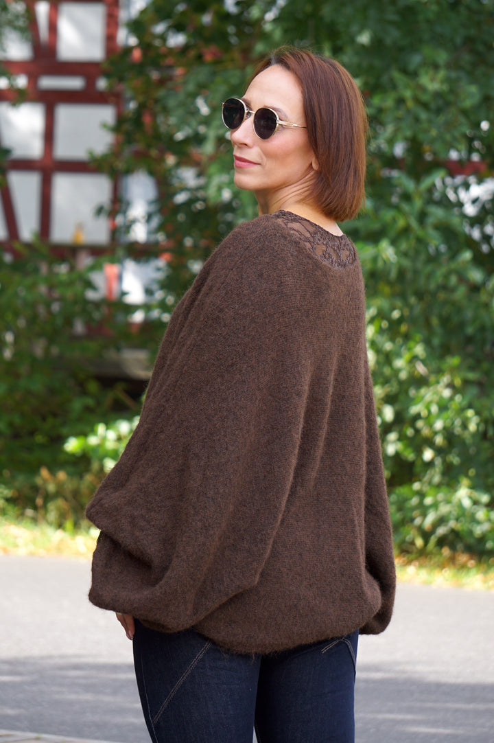 Weiter Kurzarm Strickpulli, schokobraun
