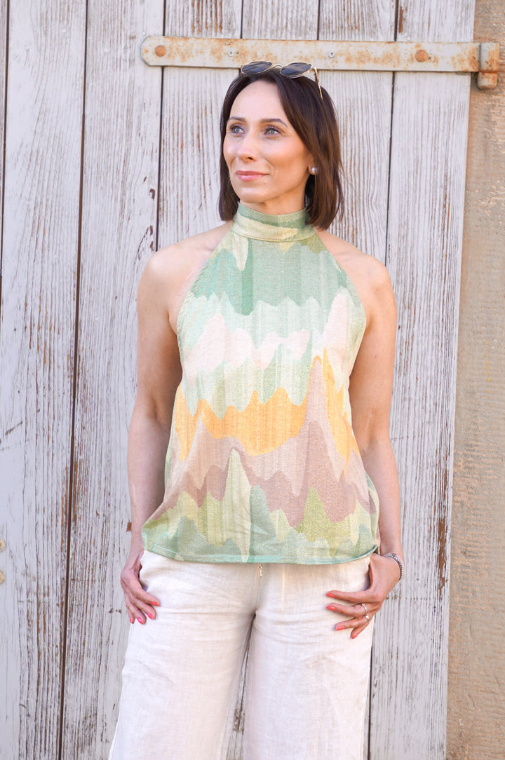Neckholder-Top mit buntem Print &amp; goldenem Schimmer, mintgrün