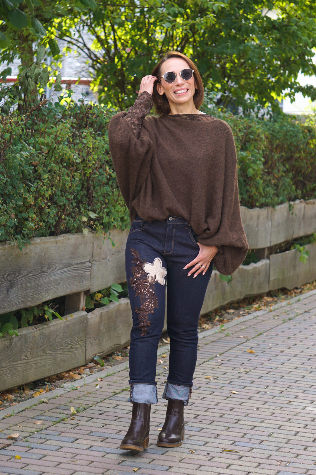Weiter Kurzarm Strickpulli, schokobraun