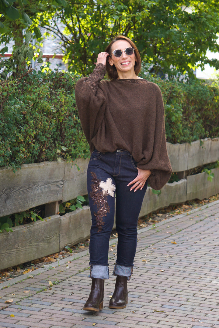Weiter Kurzarm Strickpulli, schokobraun