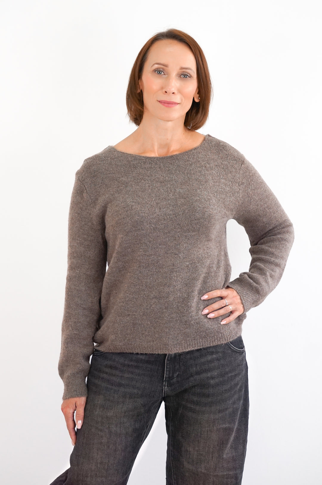 Strickpulli mit Spitzeneinsatz, taupe