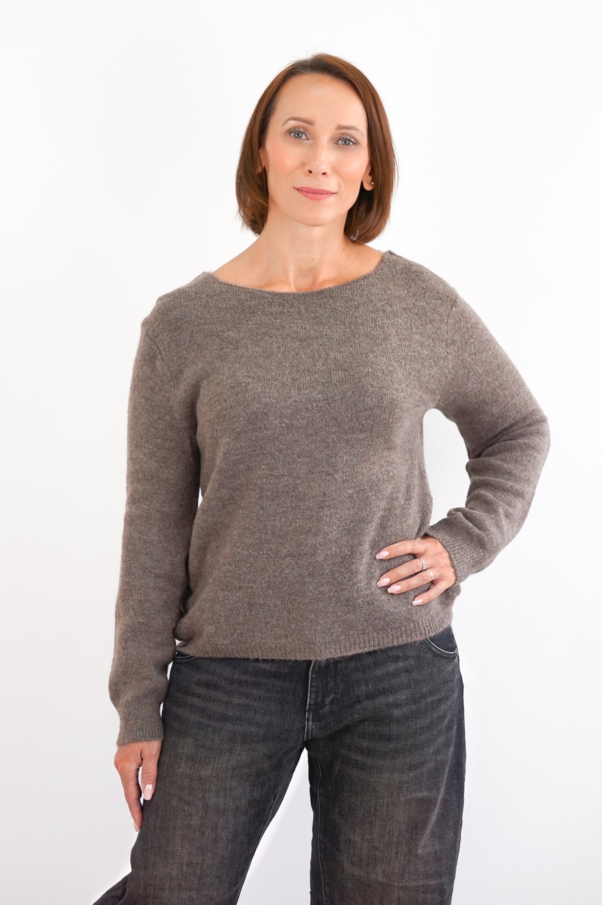 Strickpulli mit Spitzeneinsatz, taupe