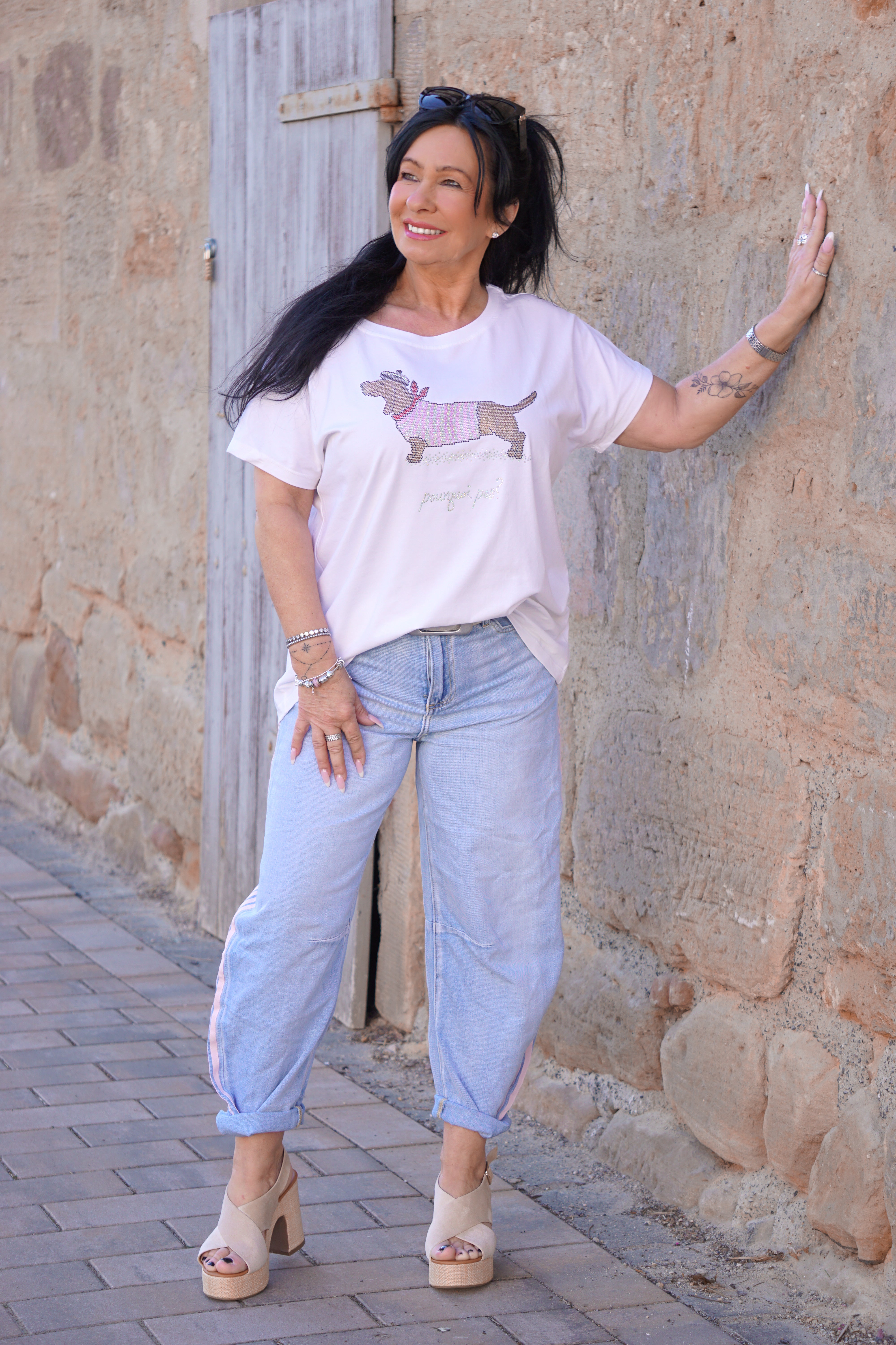 Sexy Woman Barrel Jeans mit rosa Streifen