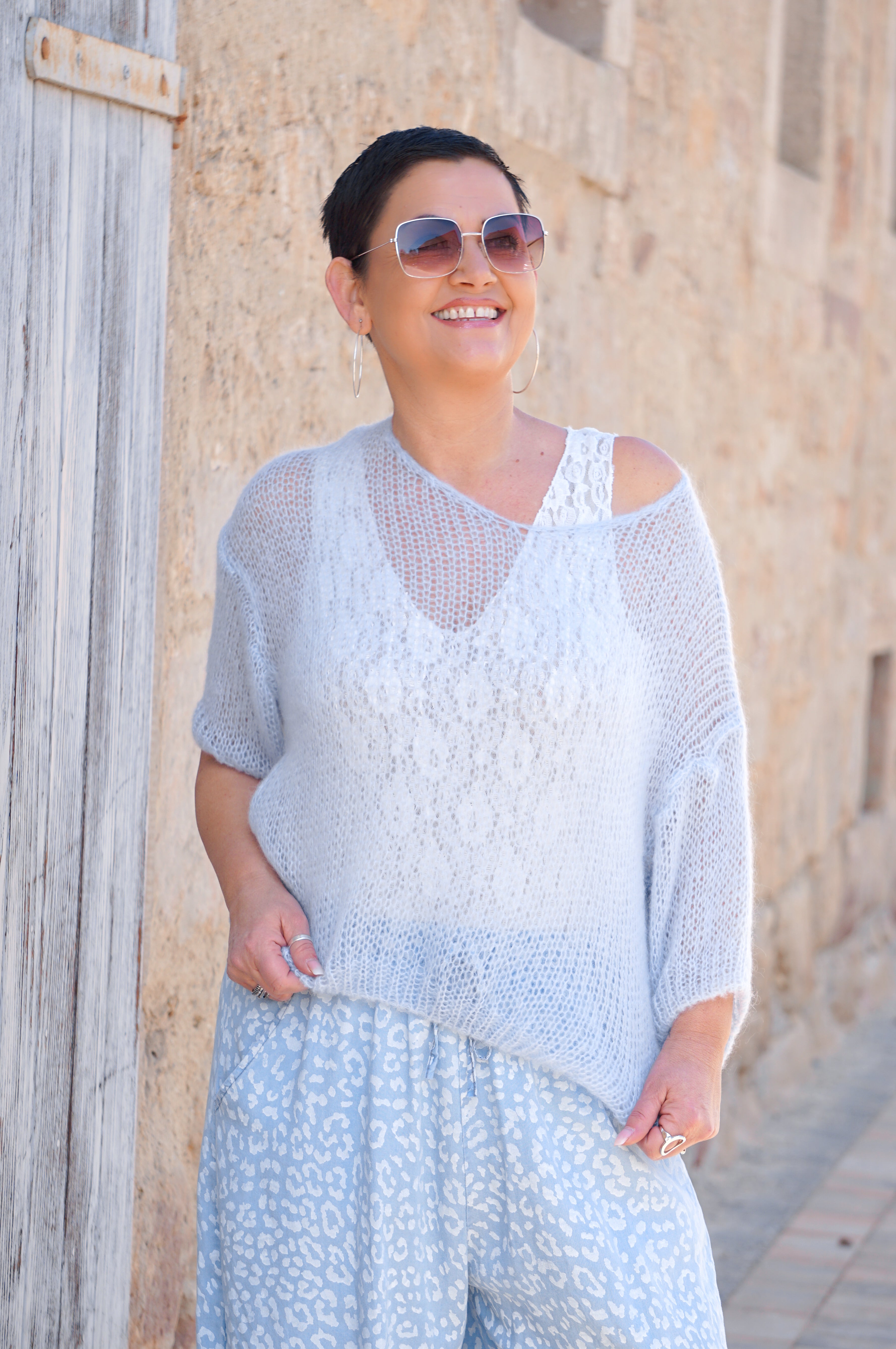 Leichter Kurzarm Strickpulli, hellblau