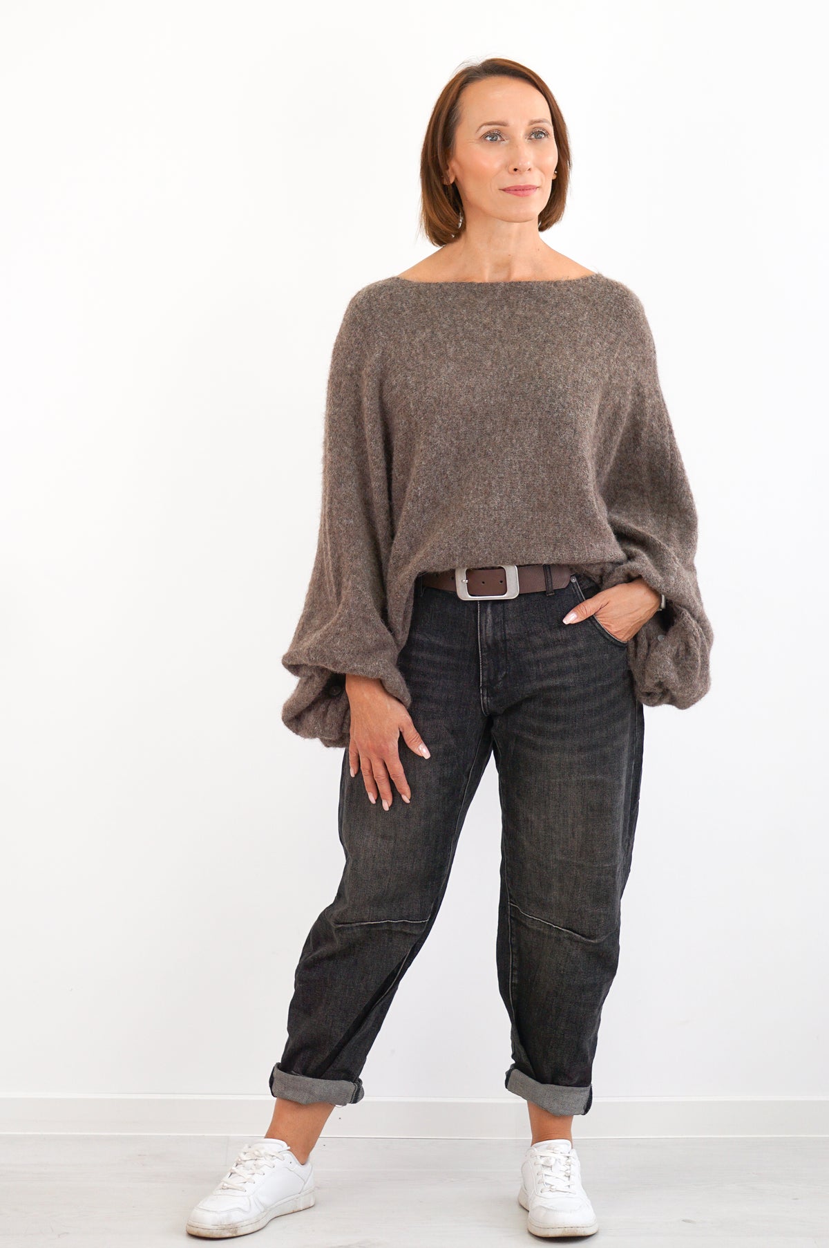 Weiter Kurzarm Strickpulli, taupe