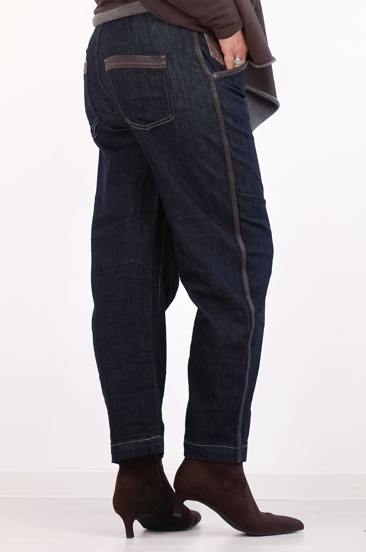 Sexy Woman Barrel Jeans mit Lederimitat Details, dunkelblau