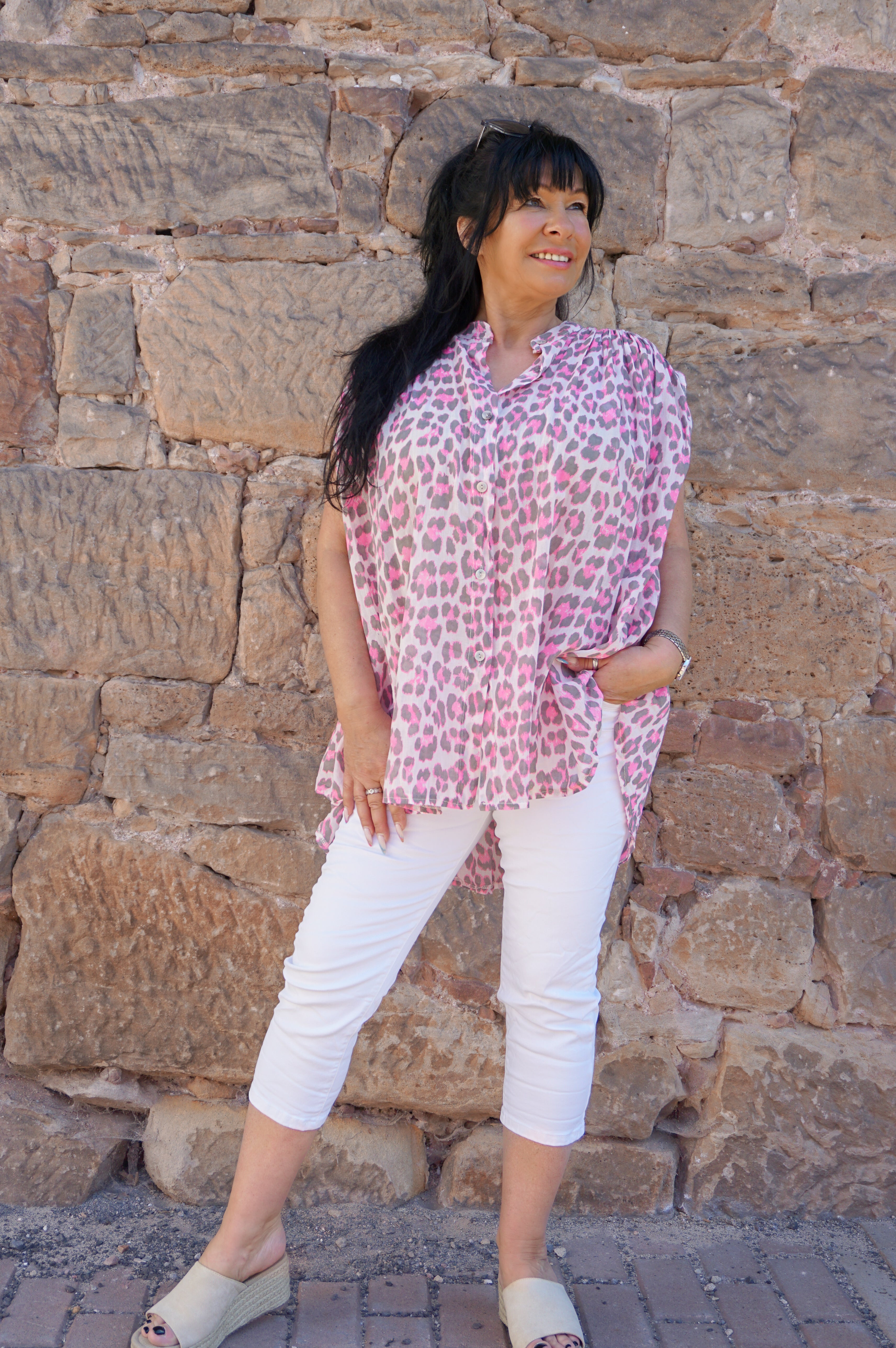 Blusetop „Leo“, taupe/neonpink