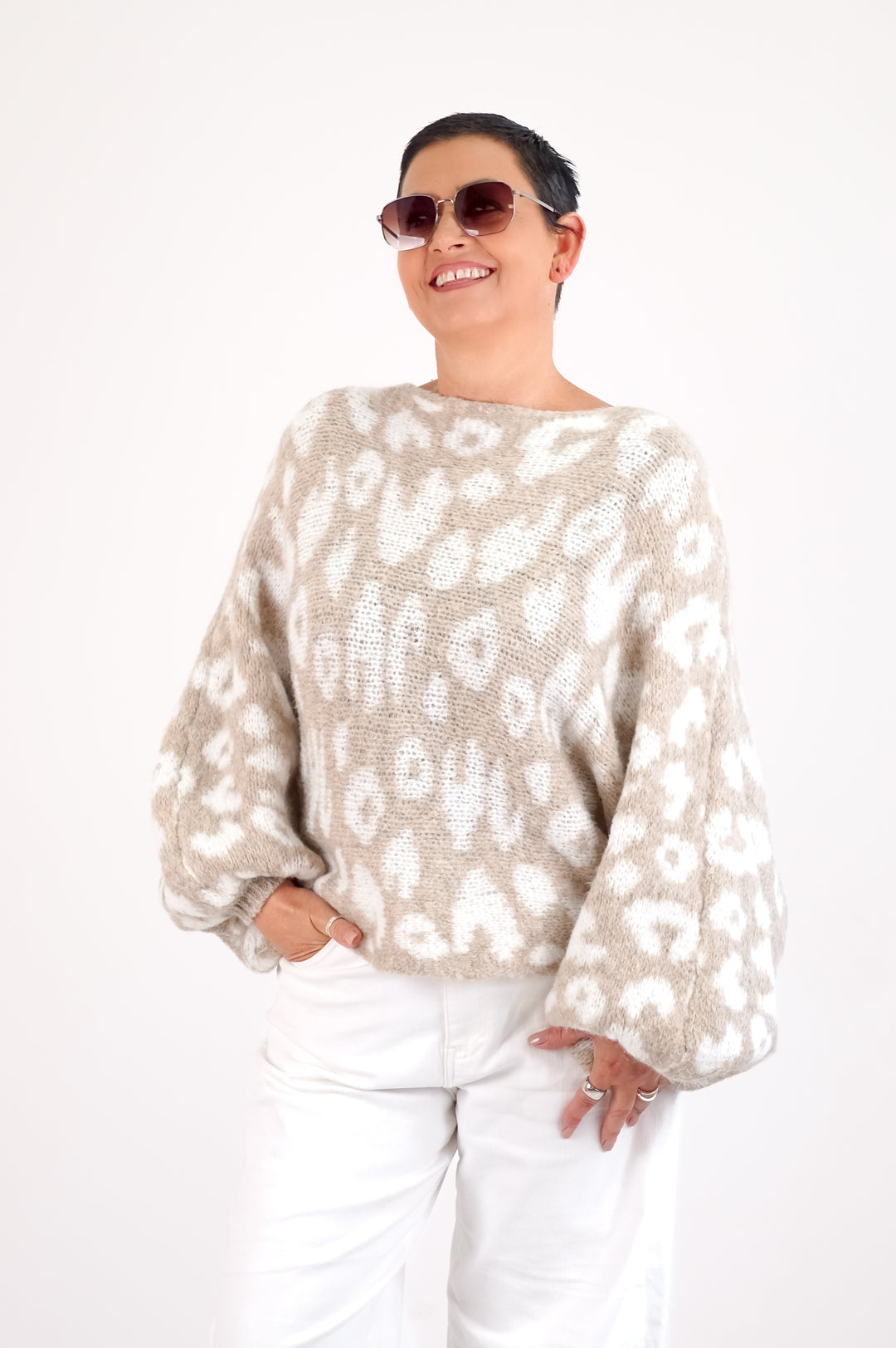 Weiter Strickpulli „Leo“, beige/Creme