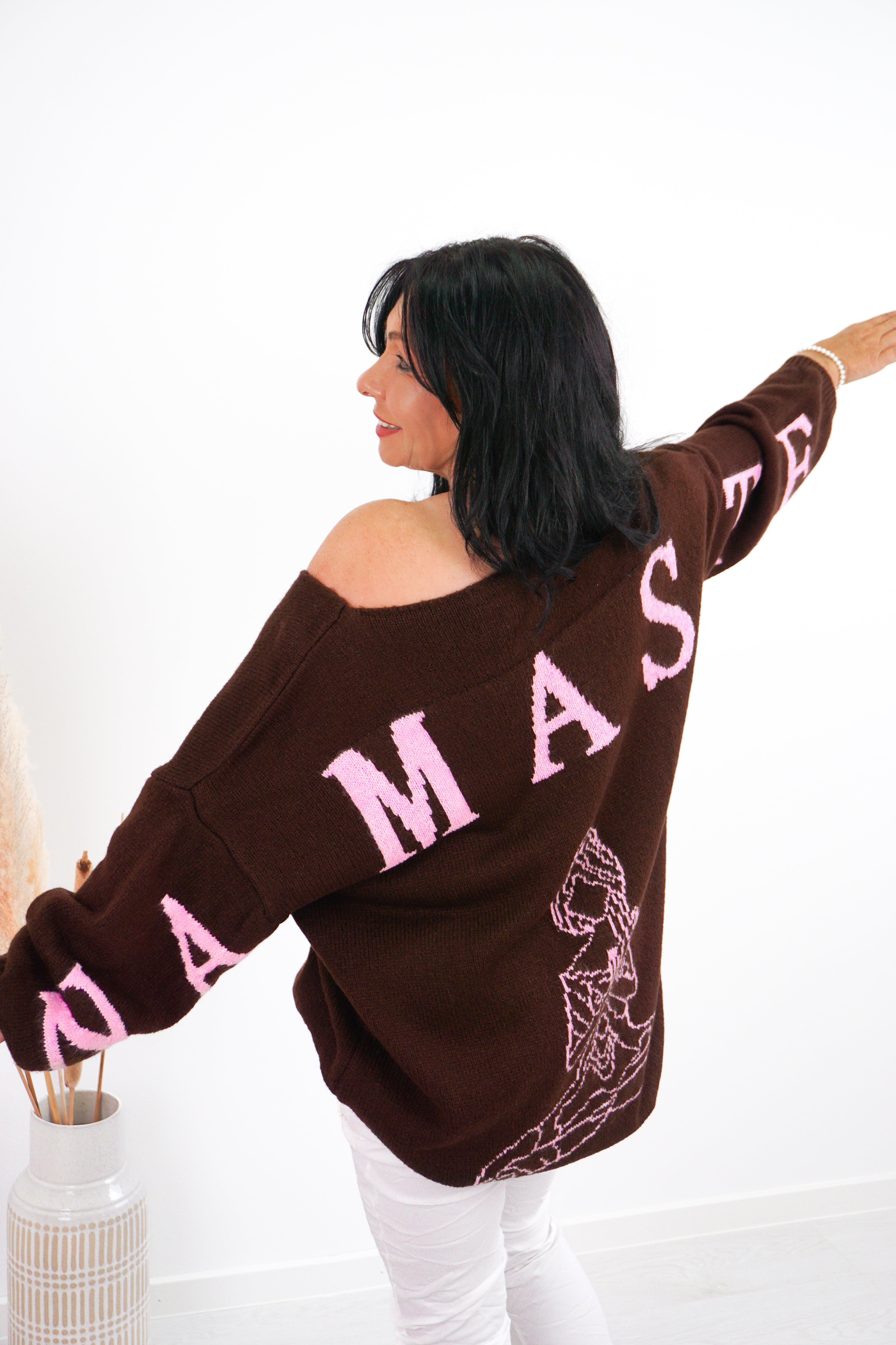 Strickpulli "Namaste",schokobraun/candy pink
