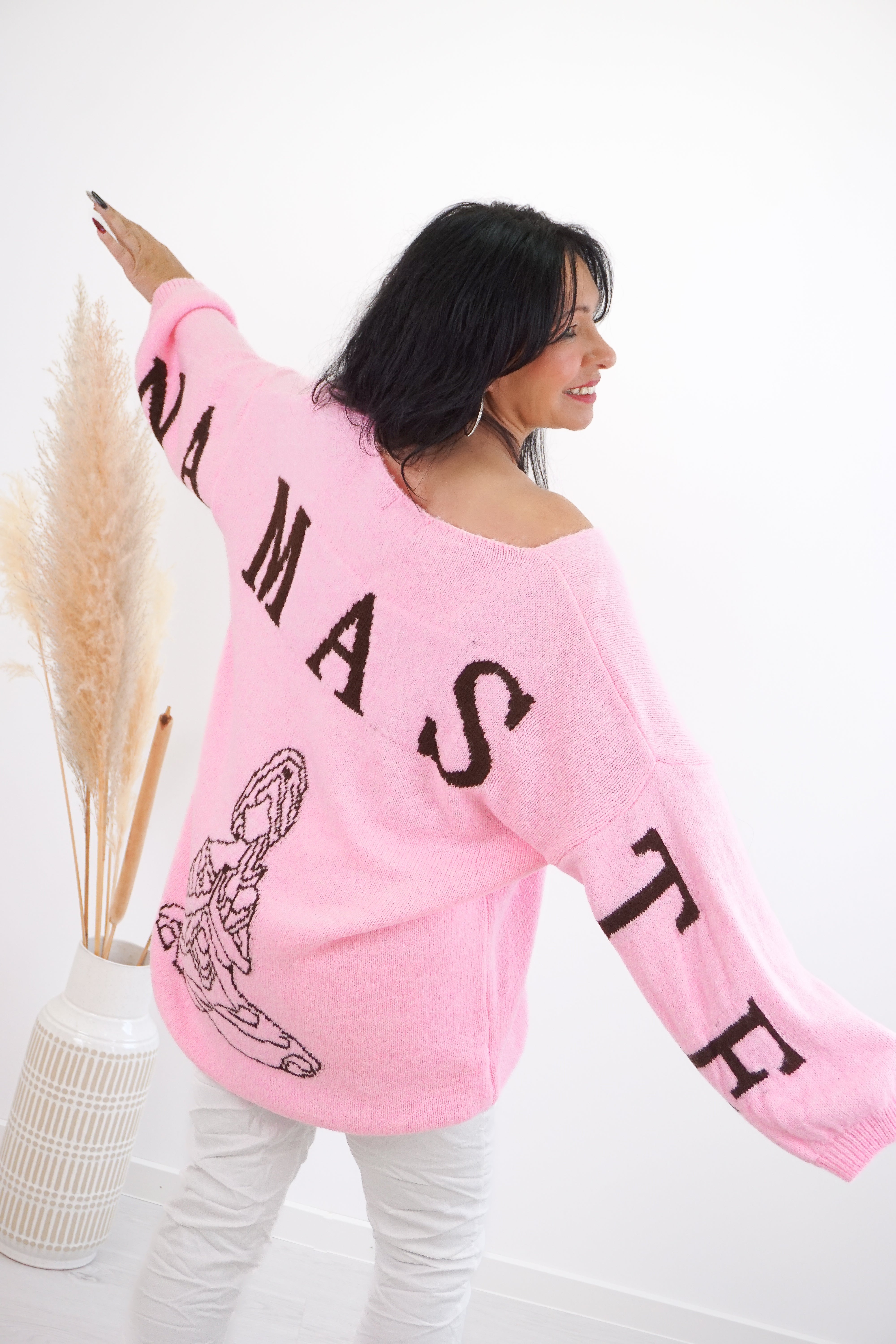 Strickpulli "Namaste", candy pink/schokobraun
