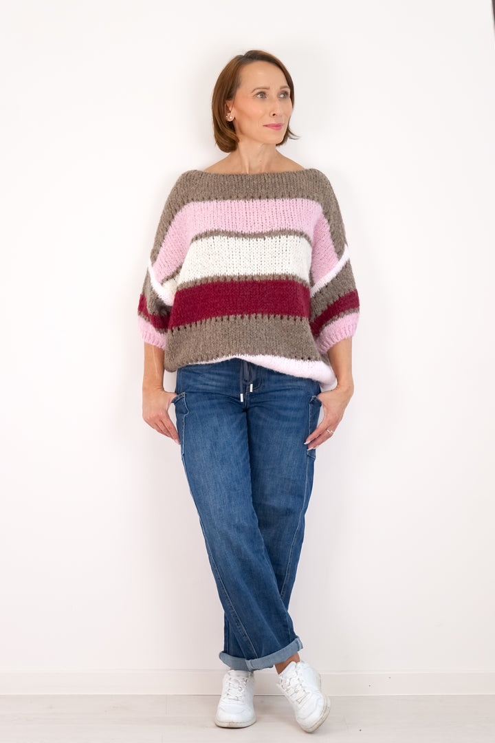 Gestreifter Kurzarm Strickpuli, bunt