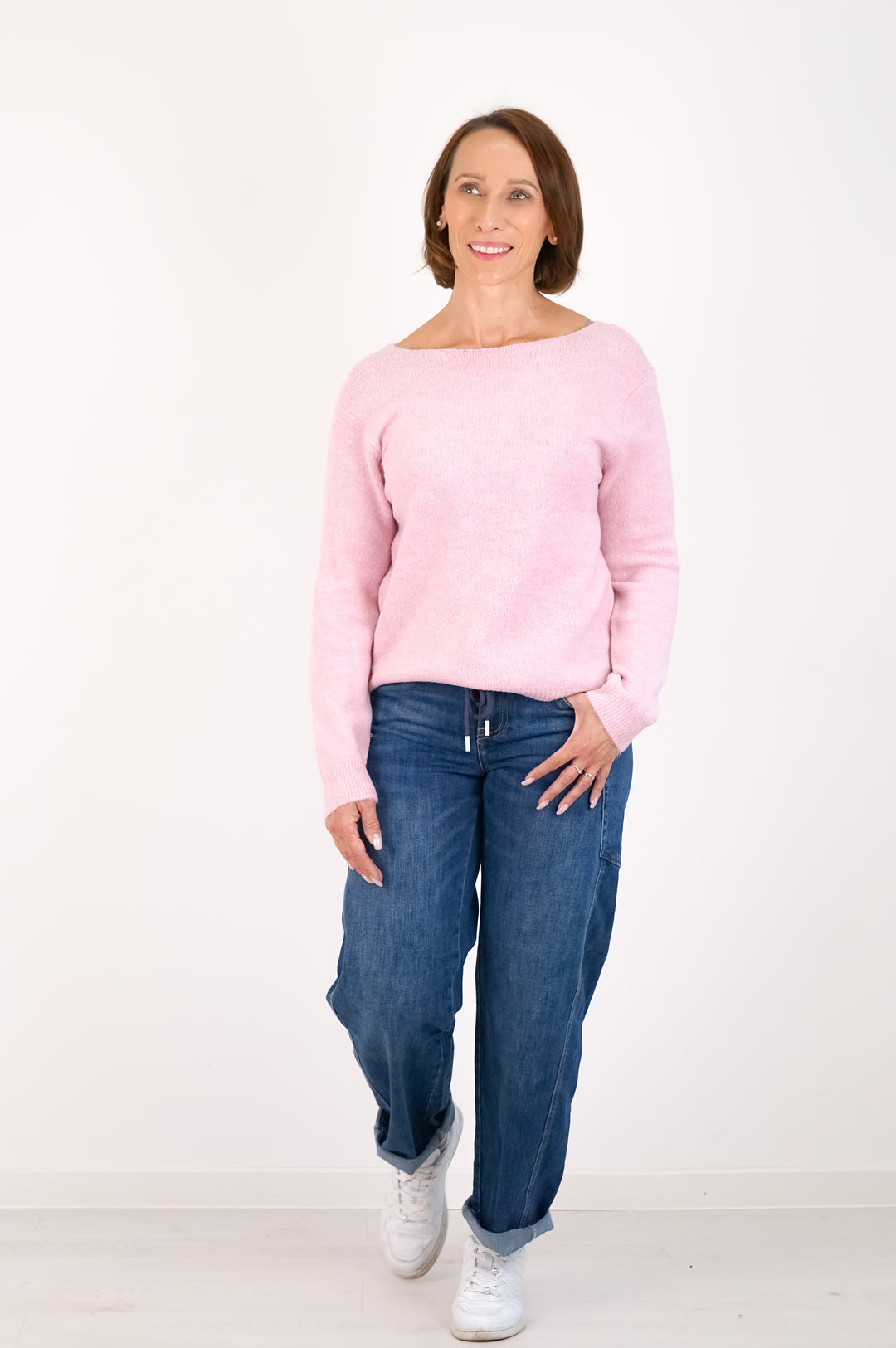 Strickpulli mit Spitzeneinsatz, rosa