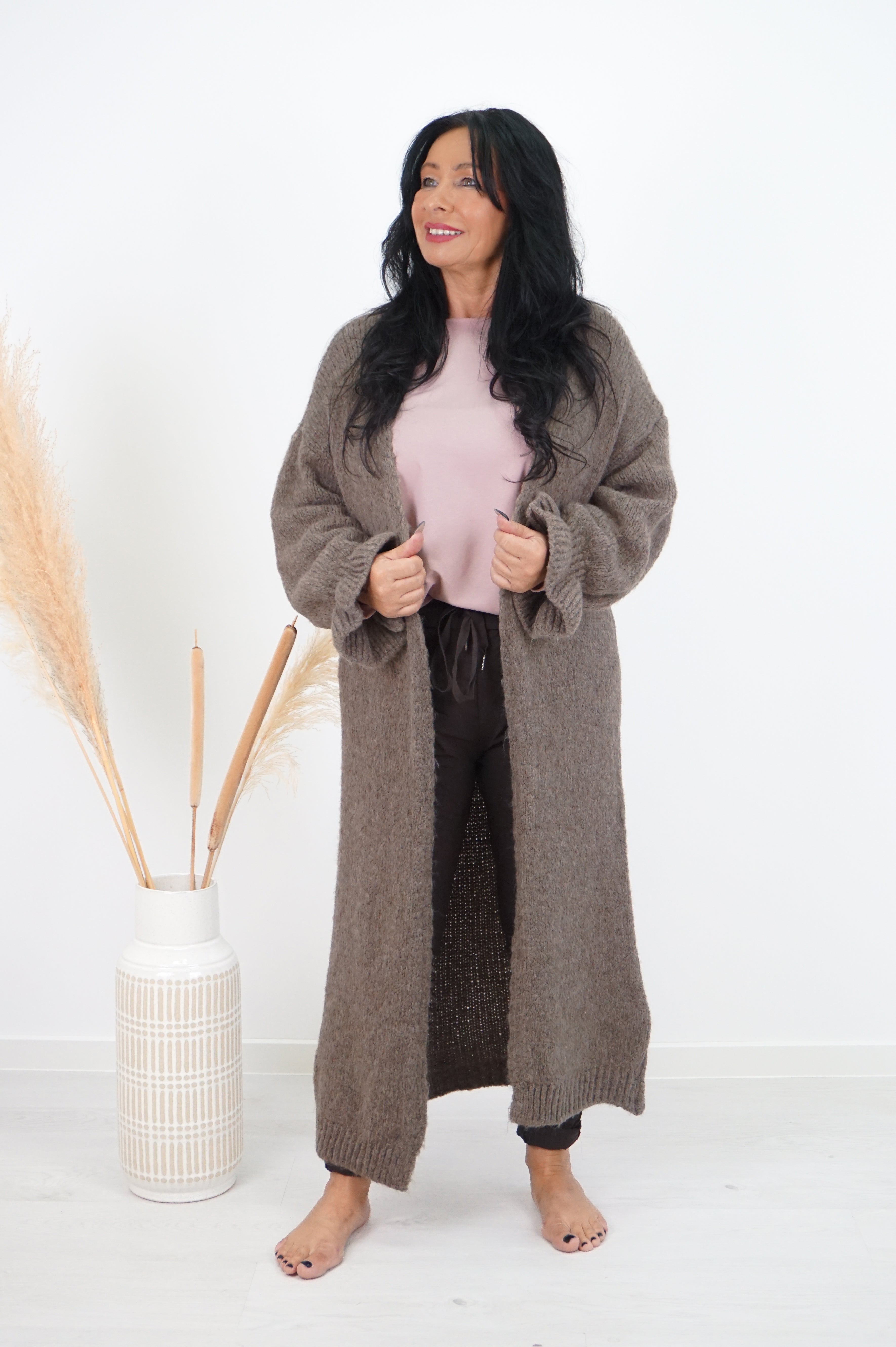 Lange Strickjacke, taupe