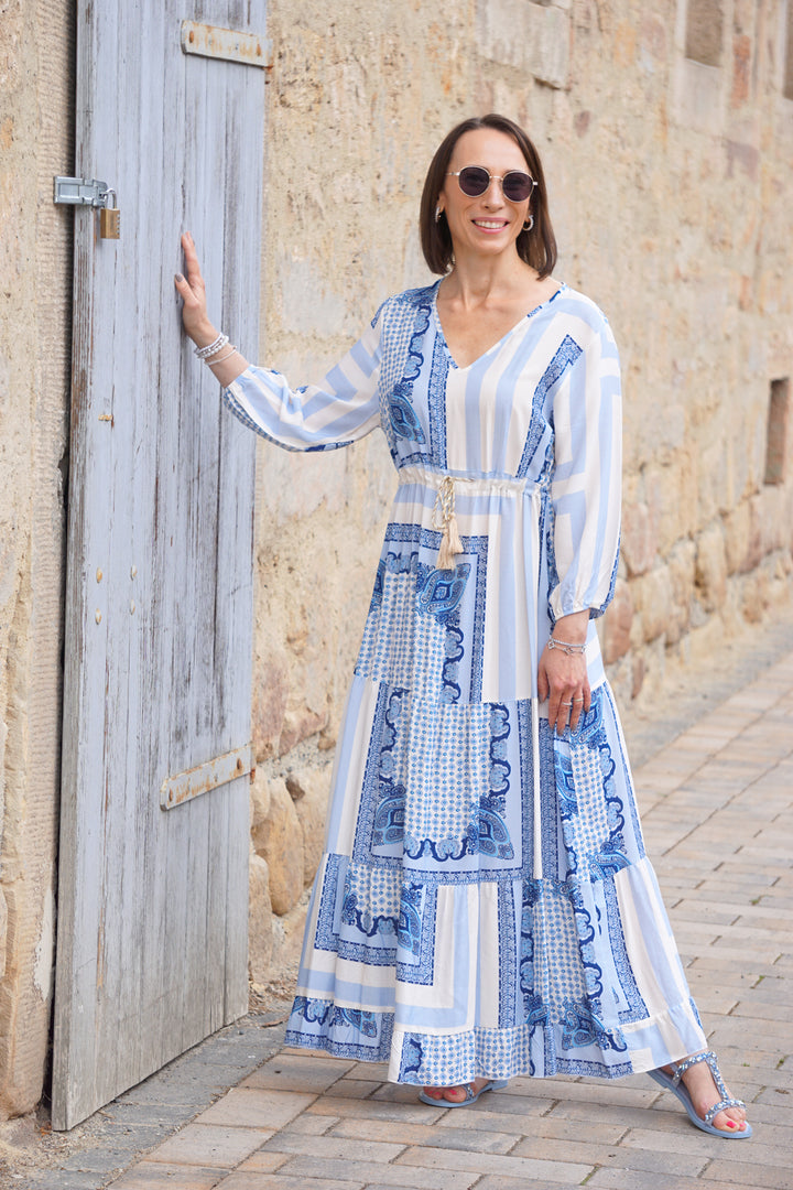 Langes Kleid mit Print “greek“, blau