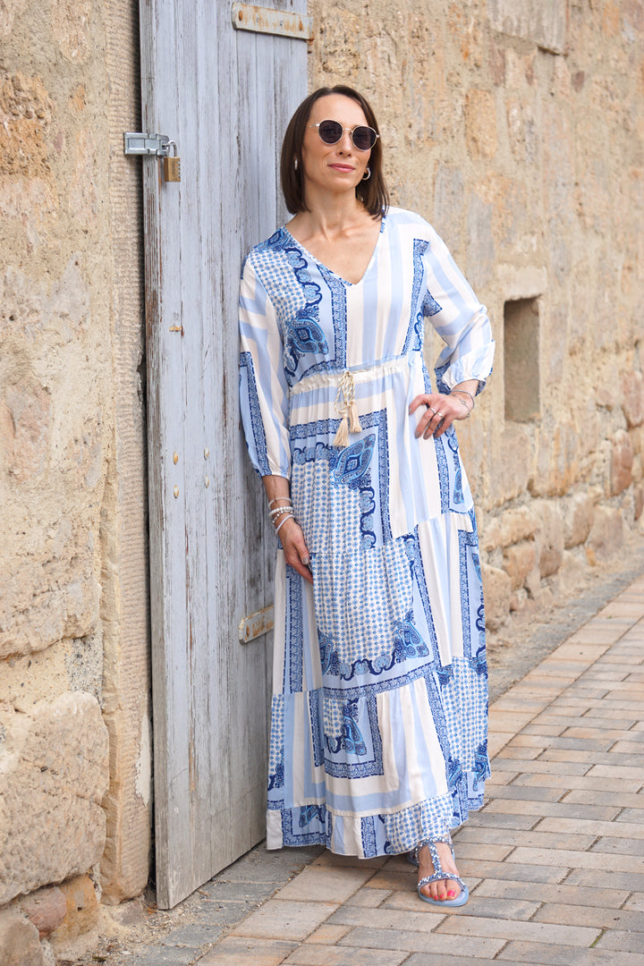 Langes Kleid mit Print “greek“, blau