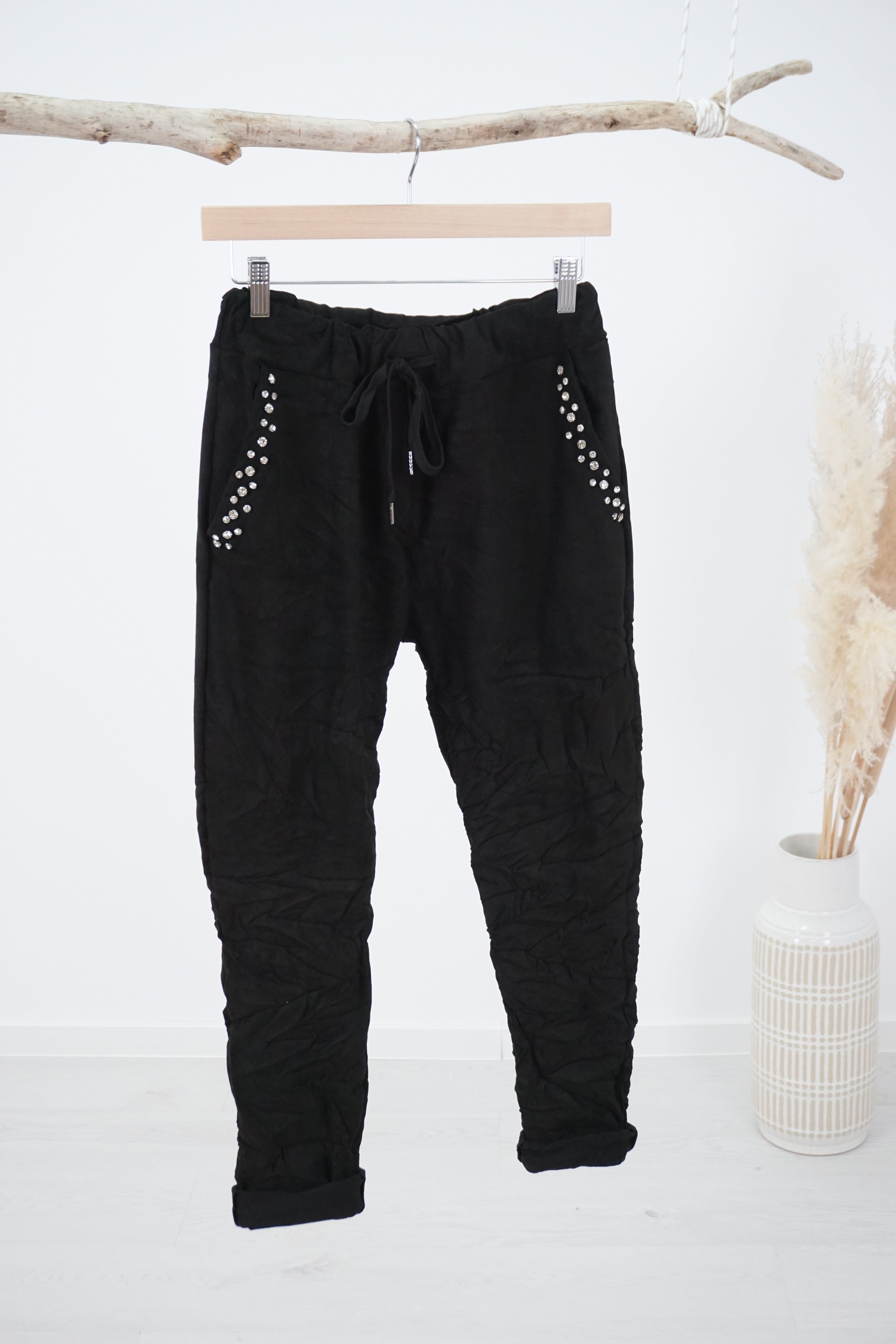 Wildlederimitat Jogpant mit Strass, schwarz