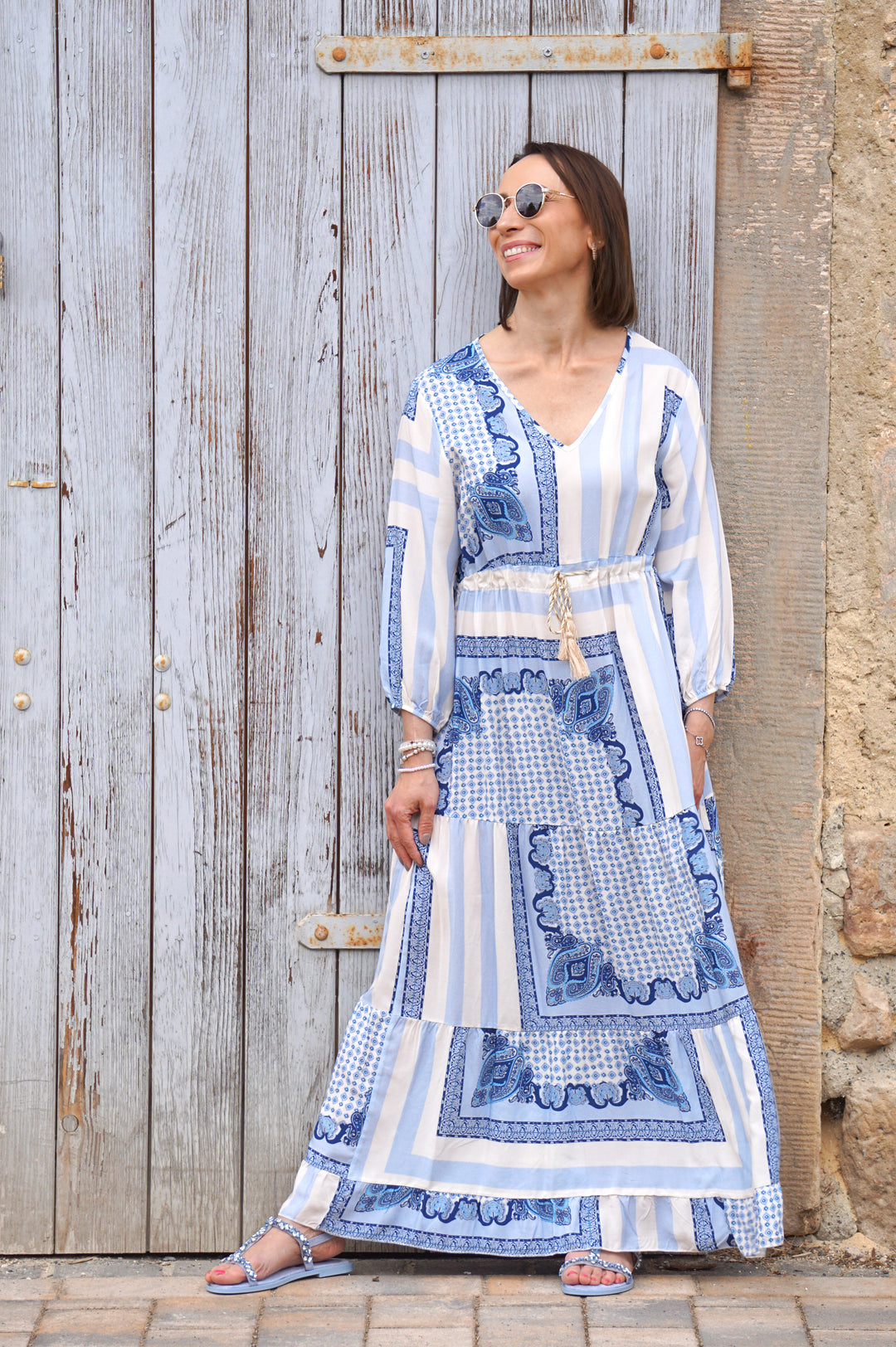 Langes Kleid mit Print “greek“, blau