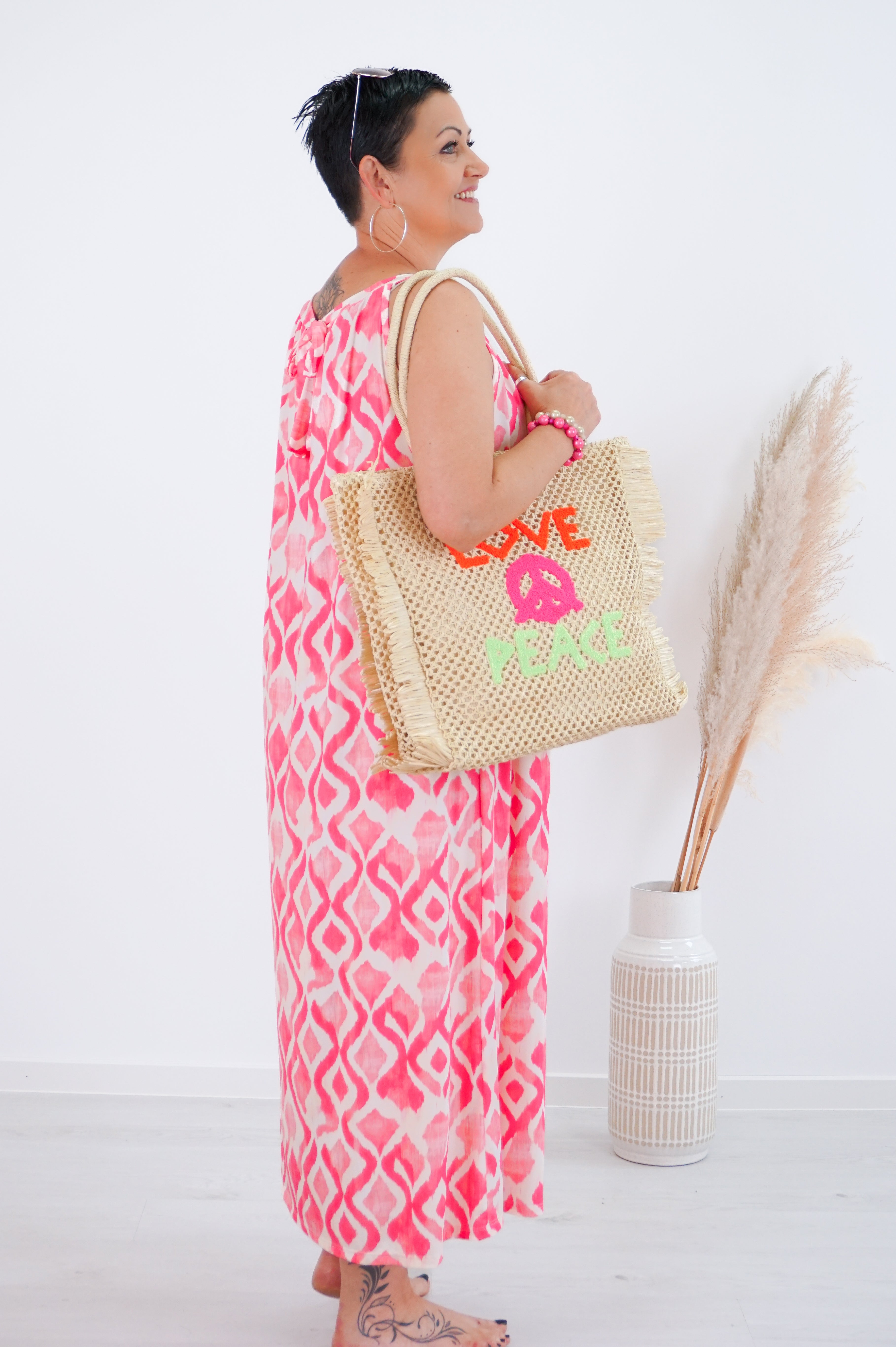 Langes Kleid mit Print, pink
