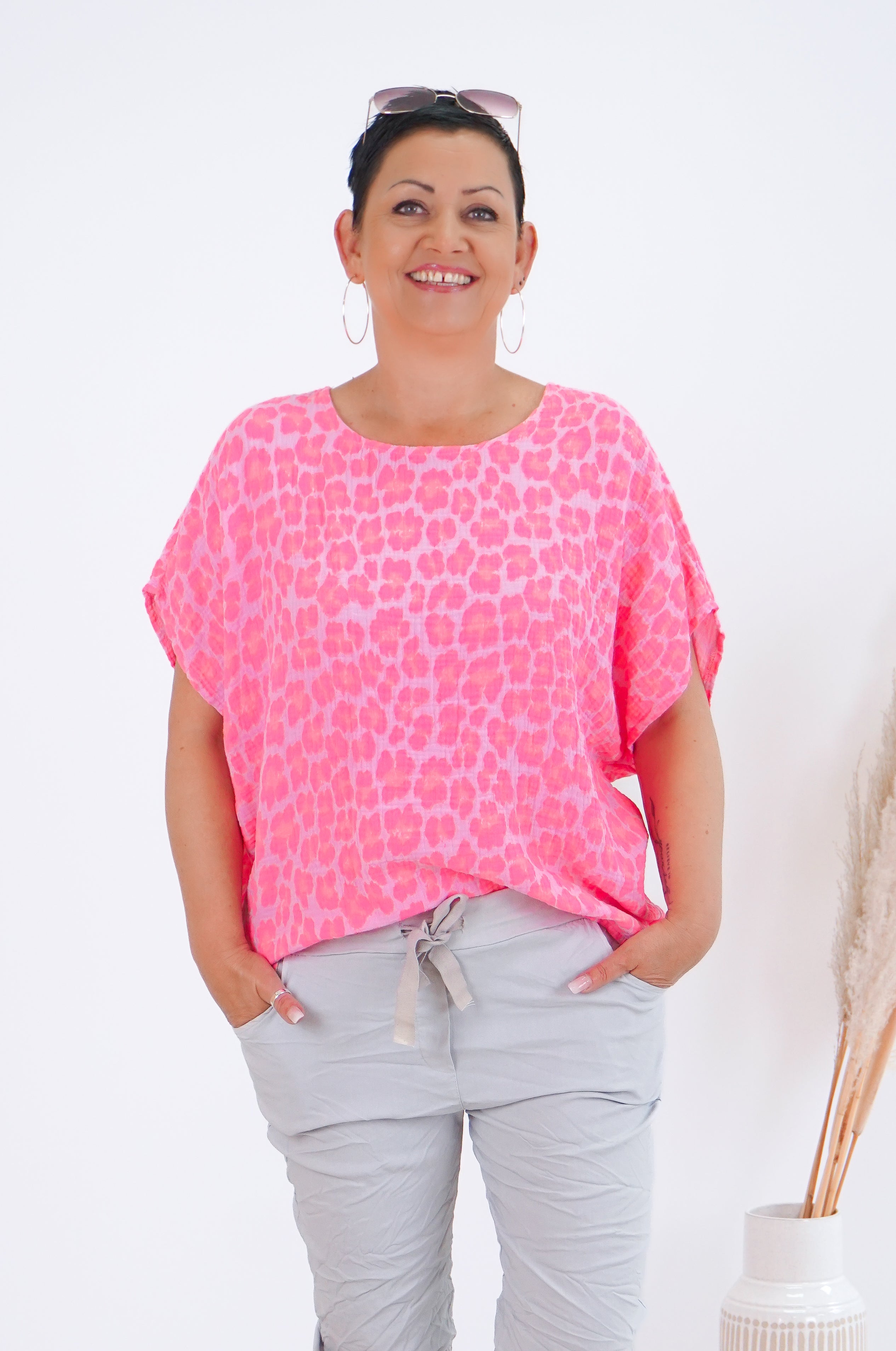 Musselin T-Shirt mit Leo Print, neonpink/orange
