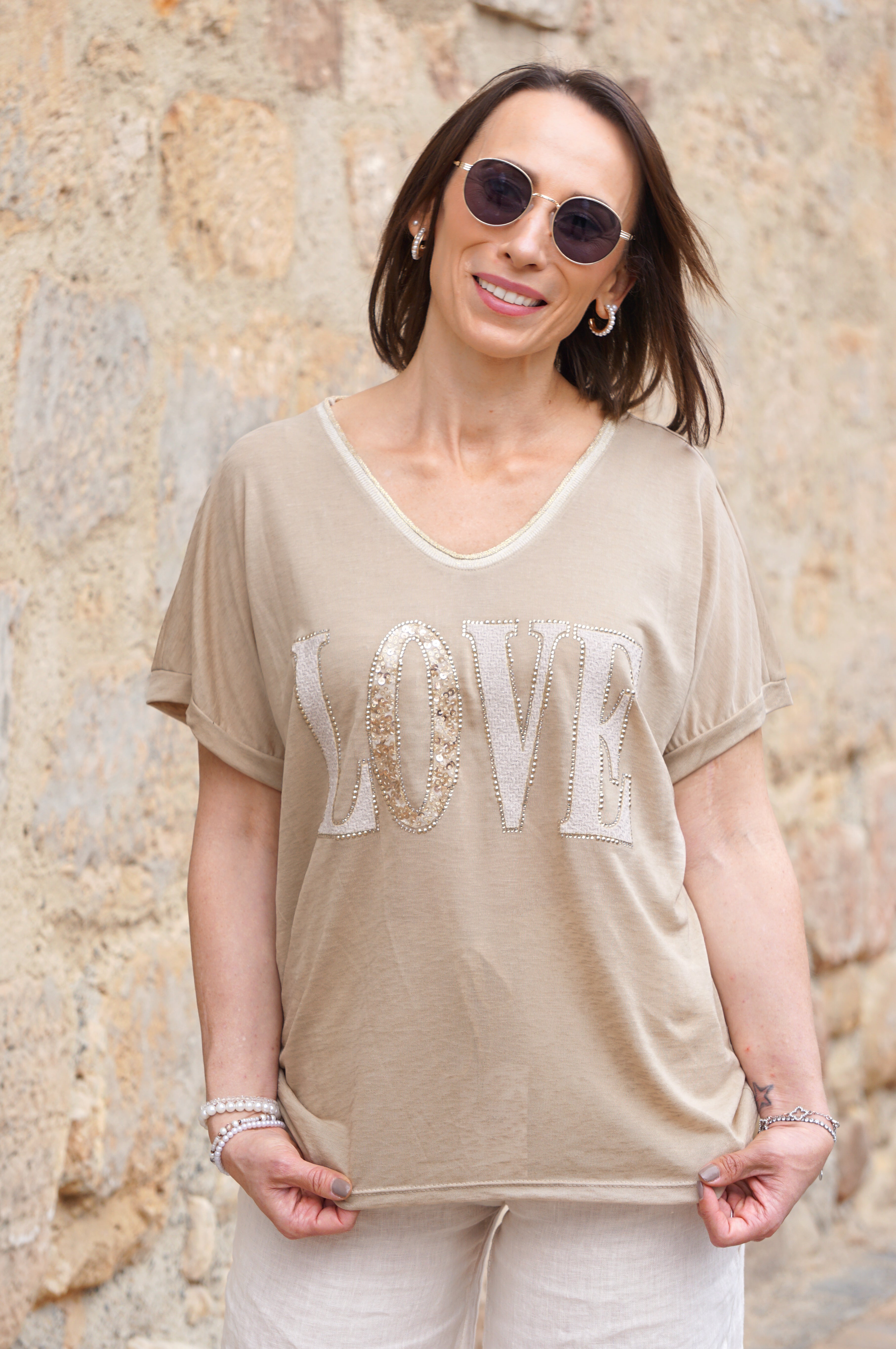 Leichtes Feinstrickshirt „LOVE“, camel