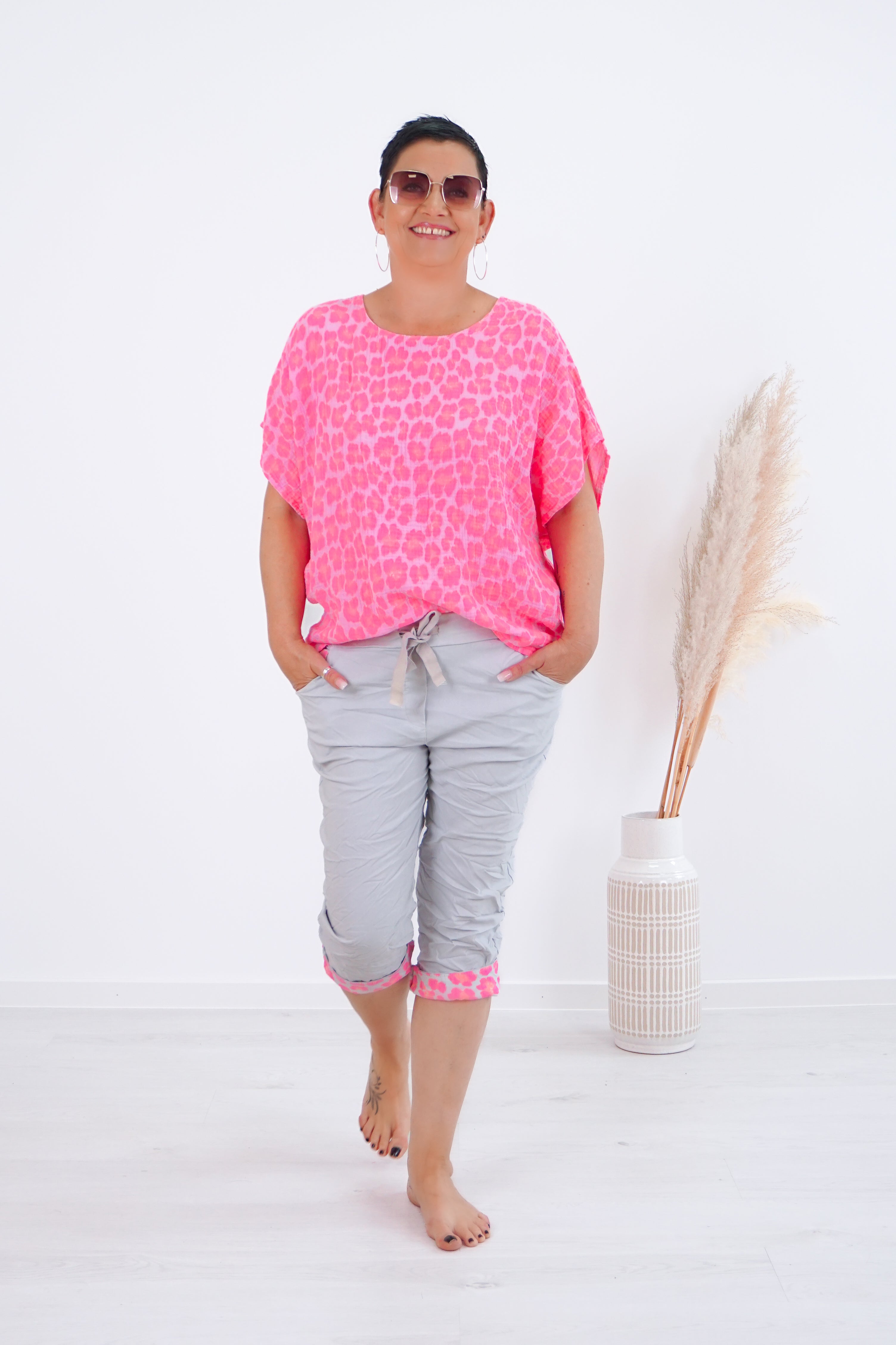 Musselin T-Shirt mit Leo Print, neonpink/orange