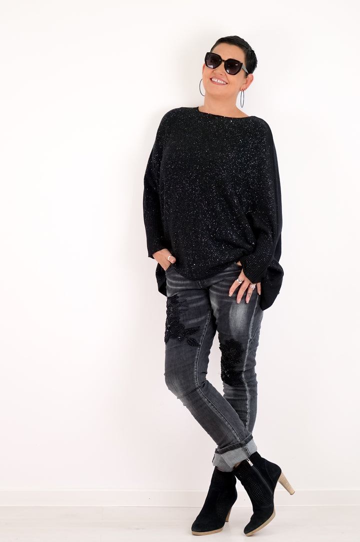Weiter Feinstrickpulli „sparkle“, schwarz
